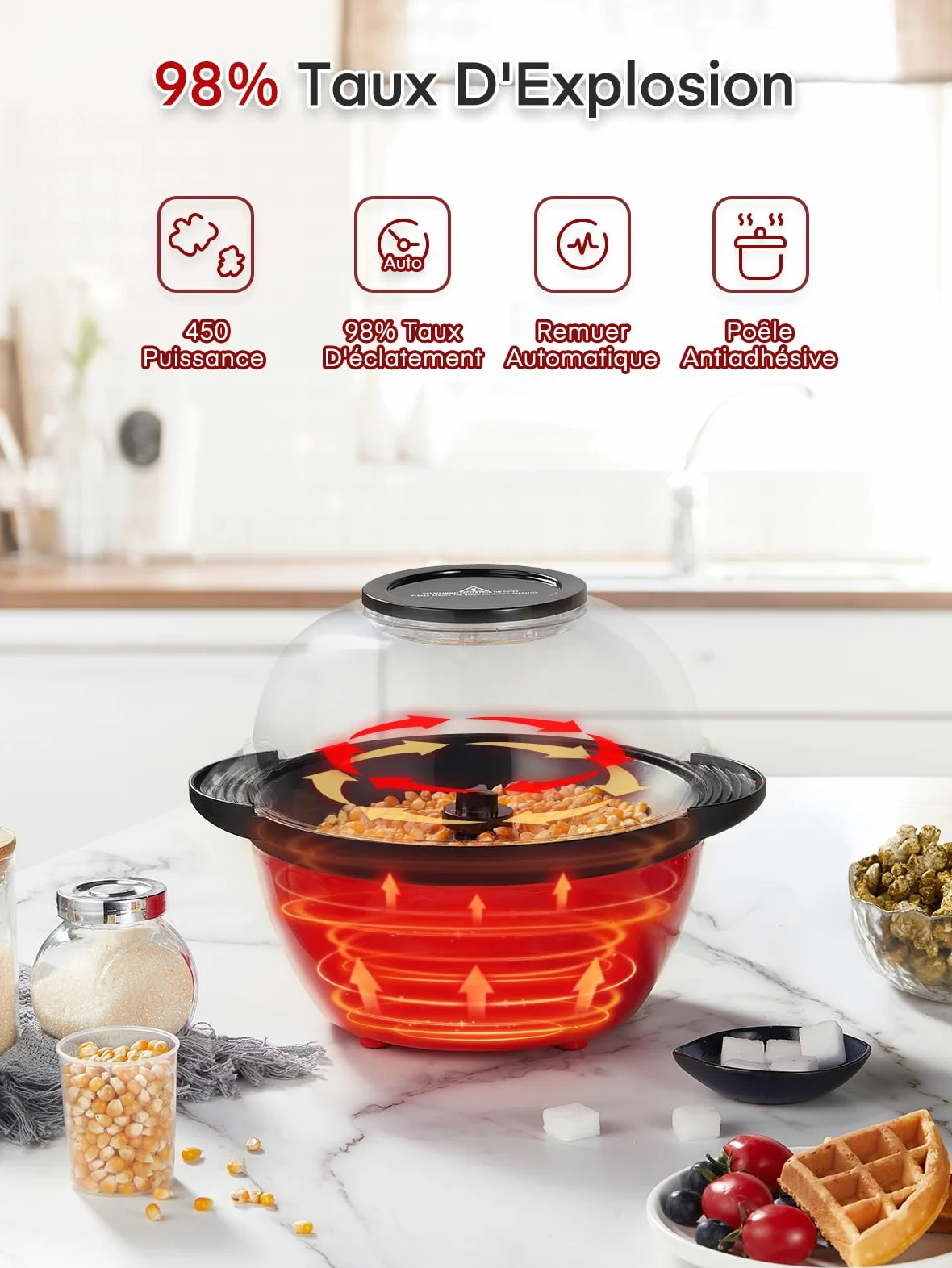 FOHERE Machine à Pop Corn, Machine a Pop Corn 3,5 L Pour la Maison, Popcorn Machine électrique Avec Sucre et Huile, Revêtement Antiadhésif, Silencieuse et Rapide, Grand Couvercle Comme Bol de Service