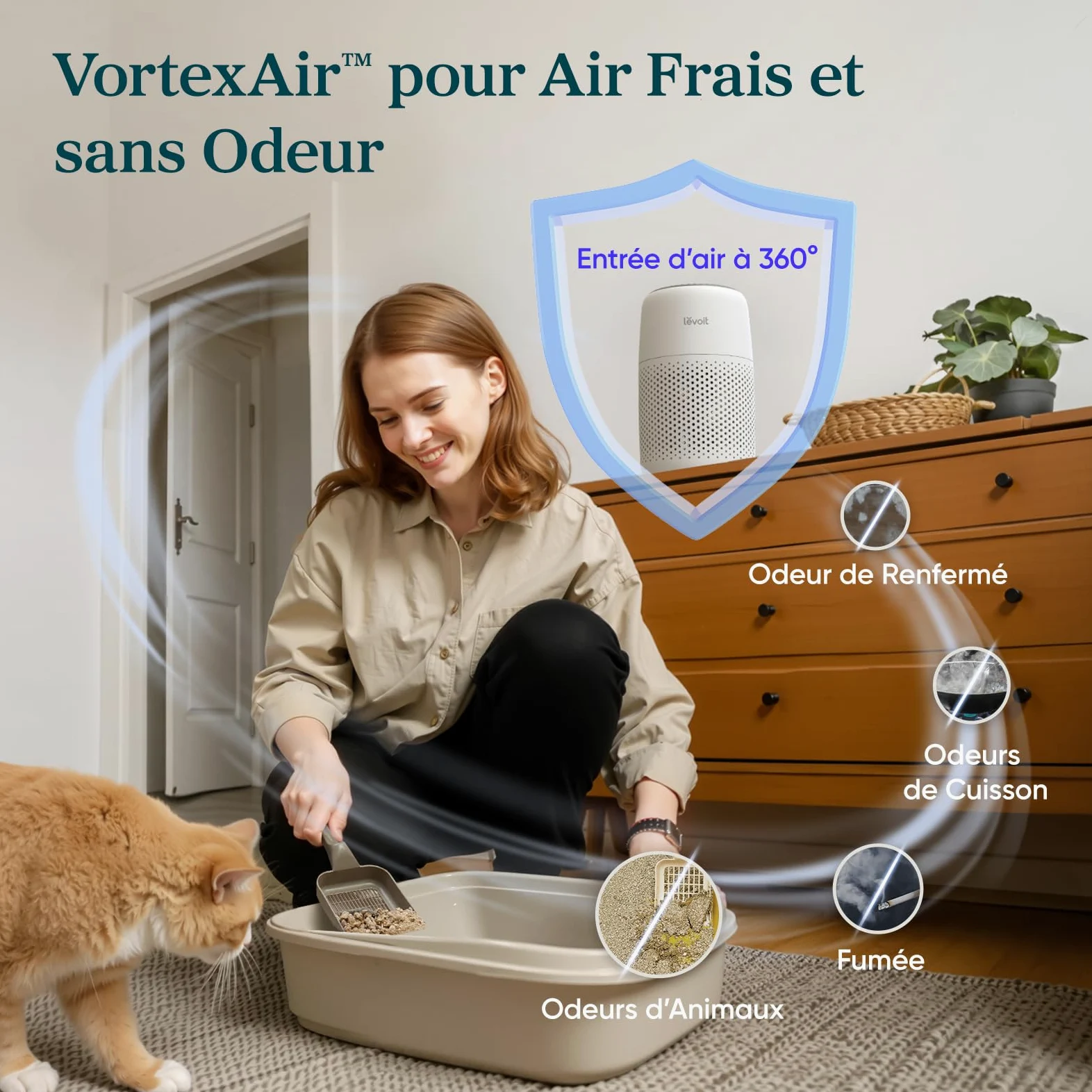 LEVOIT Purificateur d'Air Chambre, Filtration Efficace contre Allergies et Odeurs, Silencieux, avec Éponge d'Aromathérapie, 7W Économie d'Énergie, 3 Vitesses, Air Purifier HEPA pour Maison Bureau