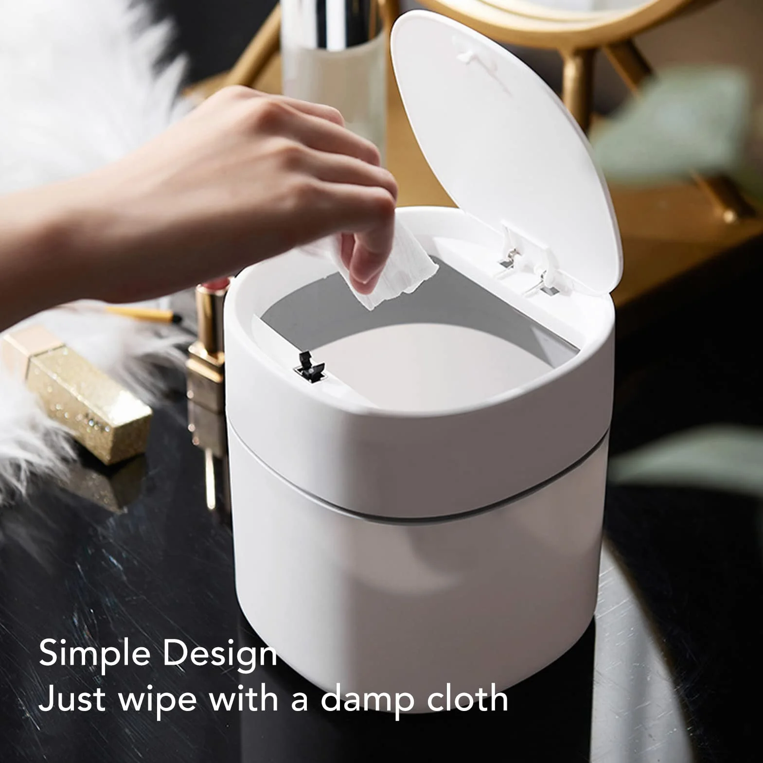 Mini Poubelle de Bureau, Petite Poubelle de Table compacte avec Couvercle ABS pour Rangement déchets, Design élégant pour comptoir, Bureau et Voiture, Blanc