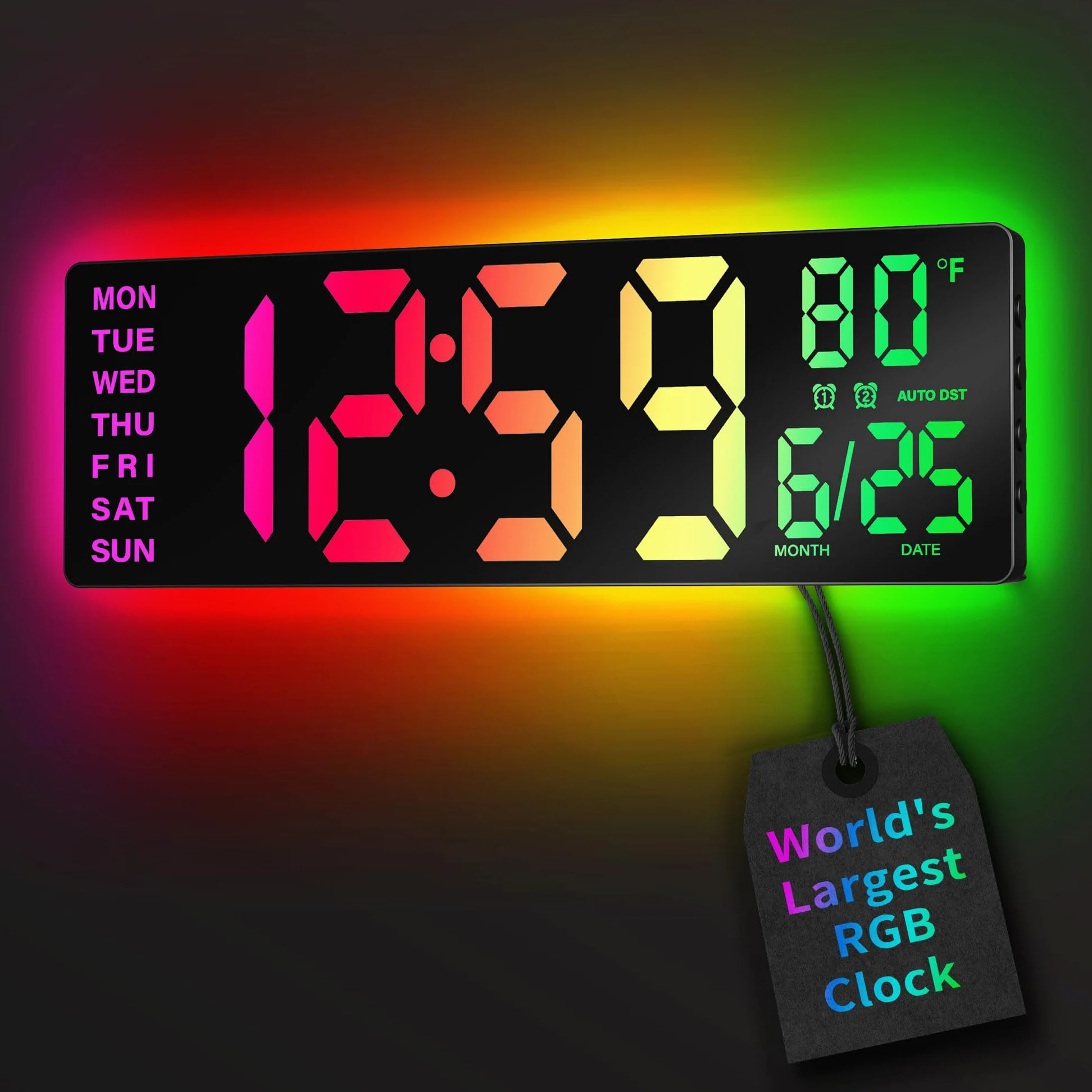 EASYERA 16,5 pouces large numérique horloge murale lumière RVB, double alarme large résolution d'écran LED, DST automatique, batterie bouton de consommateur