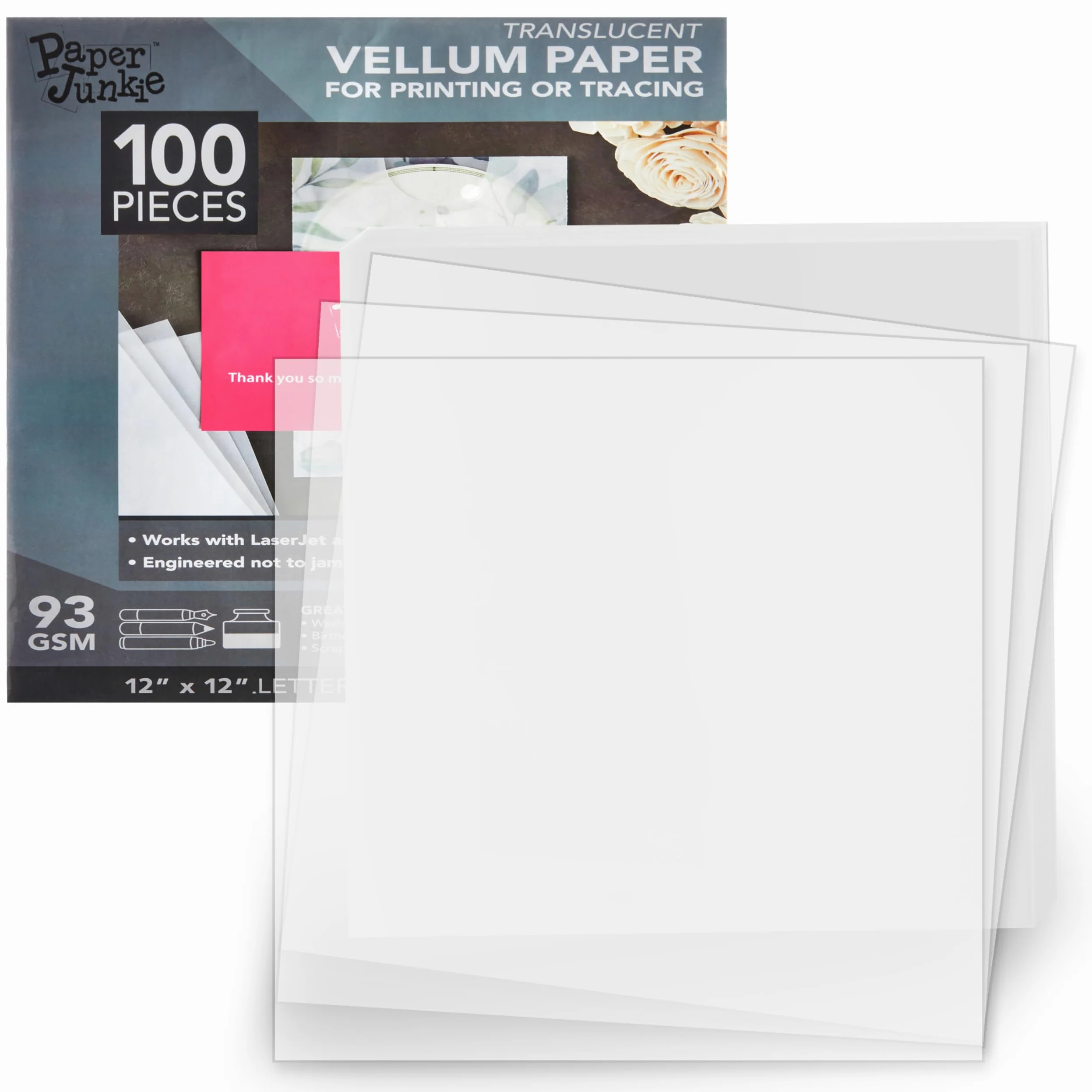 Lot de 100 feuilles de papier vélin translucide pour invitations, loisirs créatifs, traçage, 93 g/m² (blanc, 30,5 x 30,5 cm)