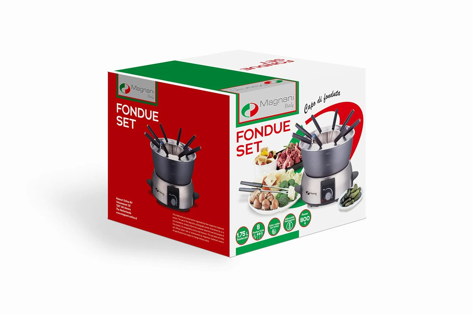 MAGNANI Appareil à fondue électrique pour 8 personnes. Fondue Chinoise, Bourguignonne, Savoyarde, Chocolat. Services à fondu capacité 1,75 Litres 800W.
