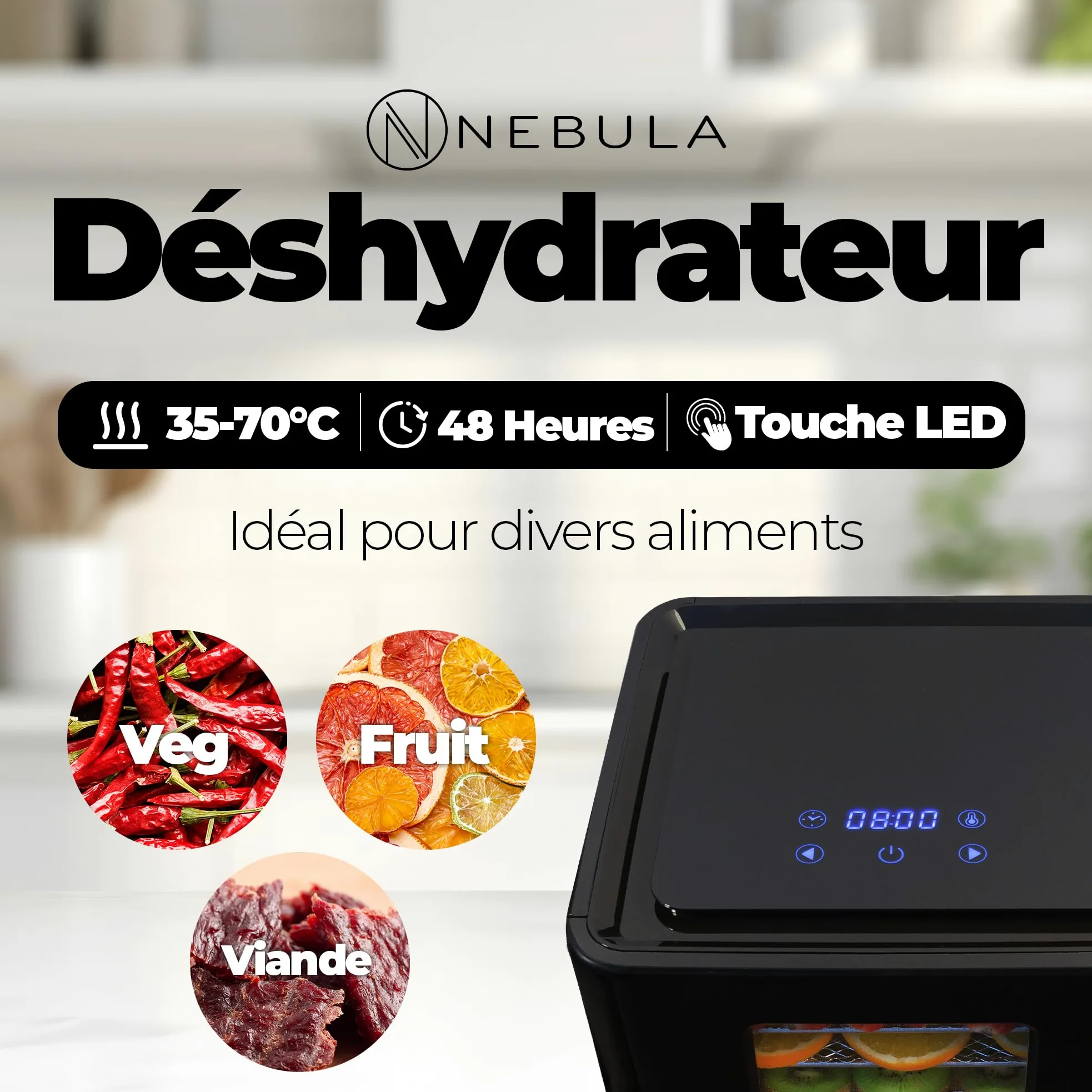 Nebula Déshydrateur Alimentaire 400W Avec 6 Plateaux En Acier Inoxydable | Déshydrateur Alimentaire Numérique Pour Fruits, Légumes, Viande Et Herbes Aromatiques – Minuterie LED Et Température Réglable