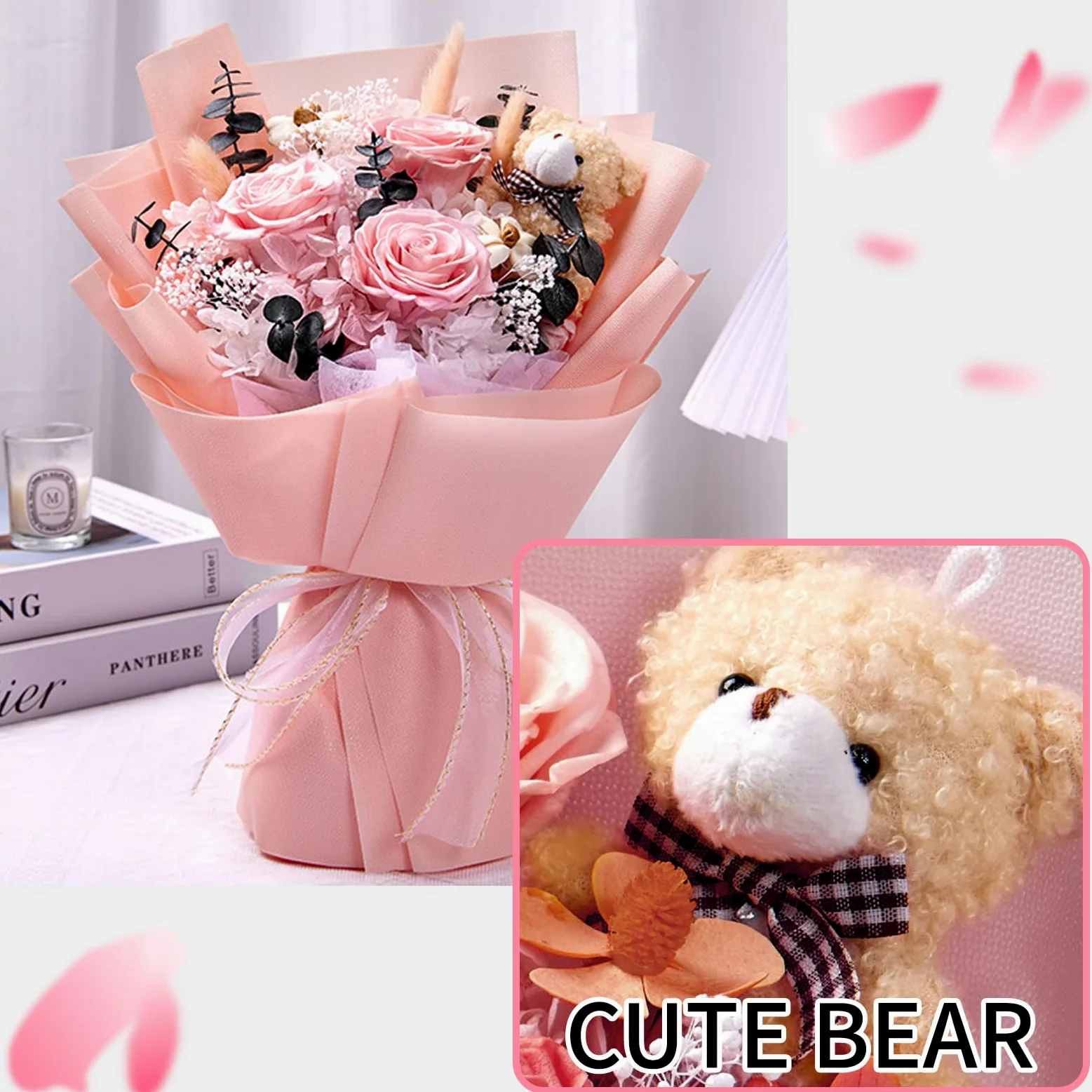 Bouquet de Roses Éternelles, Fleur Eternelle avec Un Ours, Fleurs Préservées avec Coffret Cadeau, Cadeau Femme, Maman, Épouse, Fête des Mères, Saint-Valentin, Anniversaire