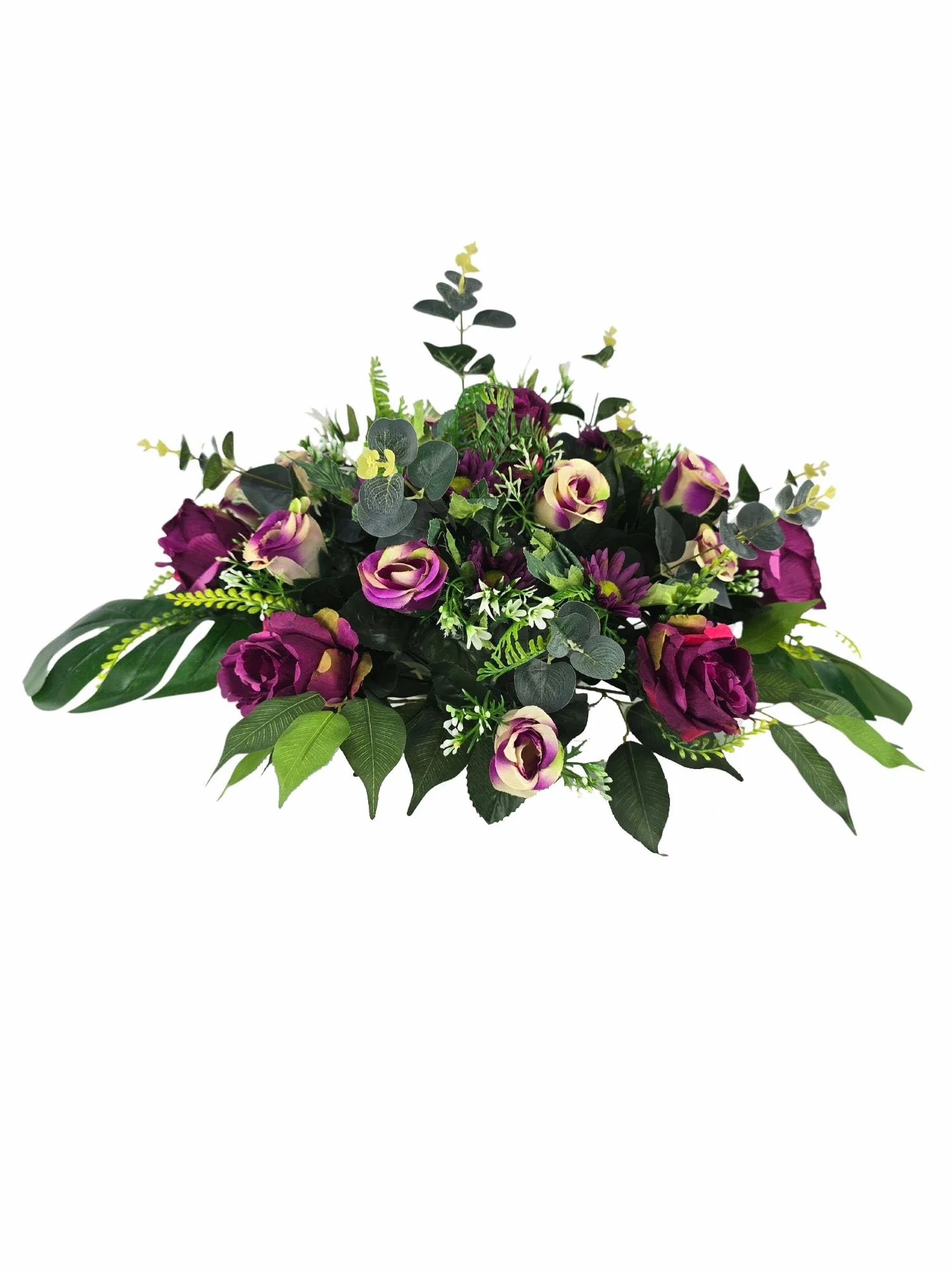 DRW Centre de Fleurs artificielles Coussin cimetière processions, églises, Mariages ou sépultures avec Fleurs Lilas et mauves Style Bateau 70 x 50 x 40 cm