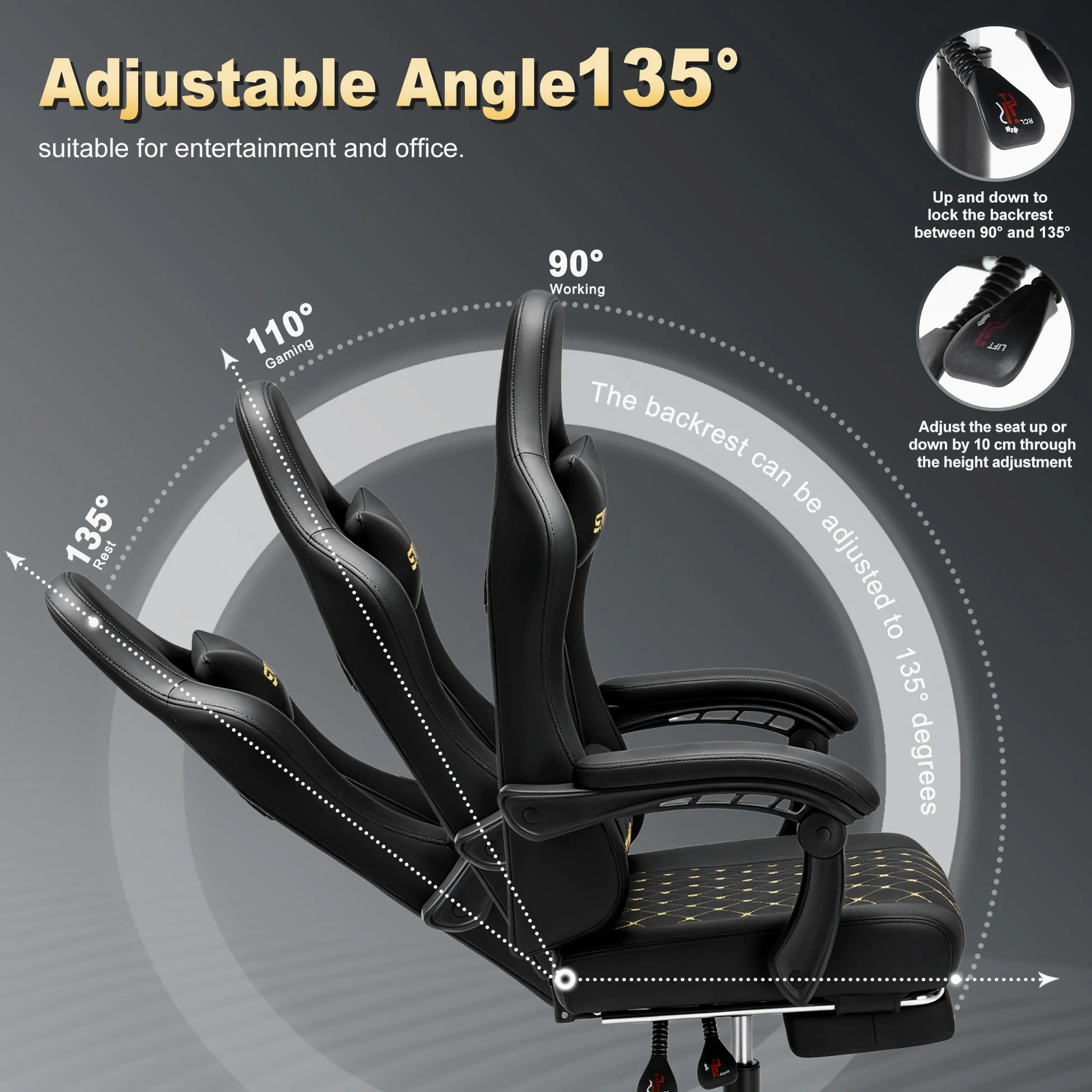 Symino Chaise de Gamer Ergonomique, Chaise Gaming avec Soutien Lombaire Repose-Pieds, Fauteuil de Bureau réglable et pivotant capacité de Charge 150 kg, Cuir PU Noir