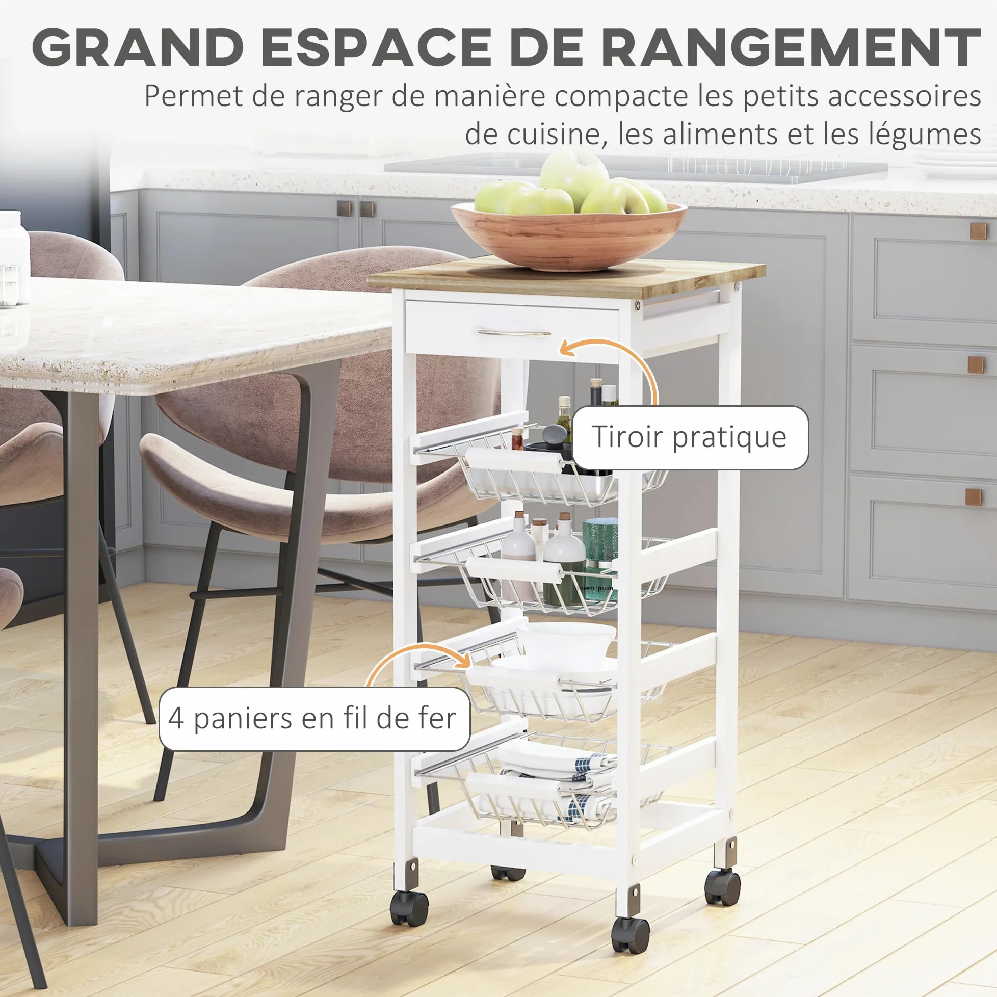 HOMCOM Desserte Cuisine à roulettes, 4 Paniers Métal + Tiroir, Blanc | Chariot de Cuisine, Chariot de Service, Rangement Légumes, Petit Espace, Salle de Bain, Bois de Pin