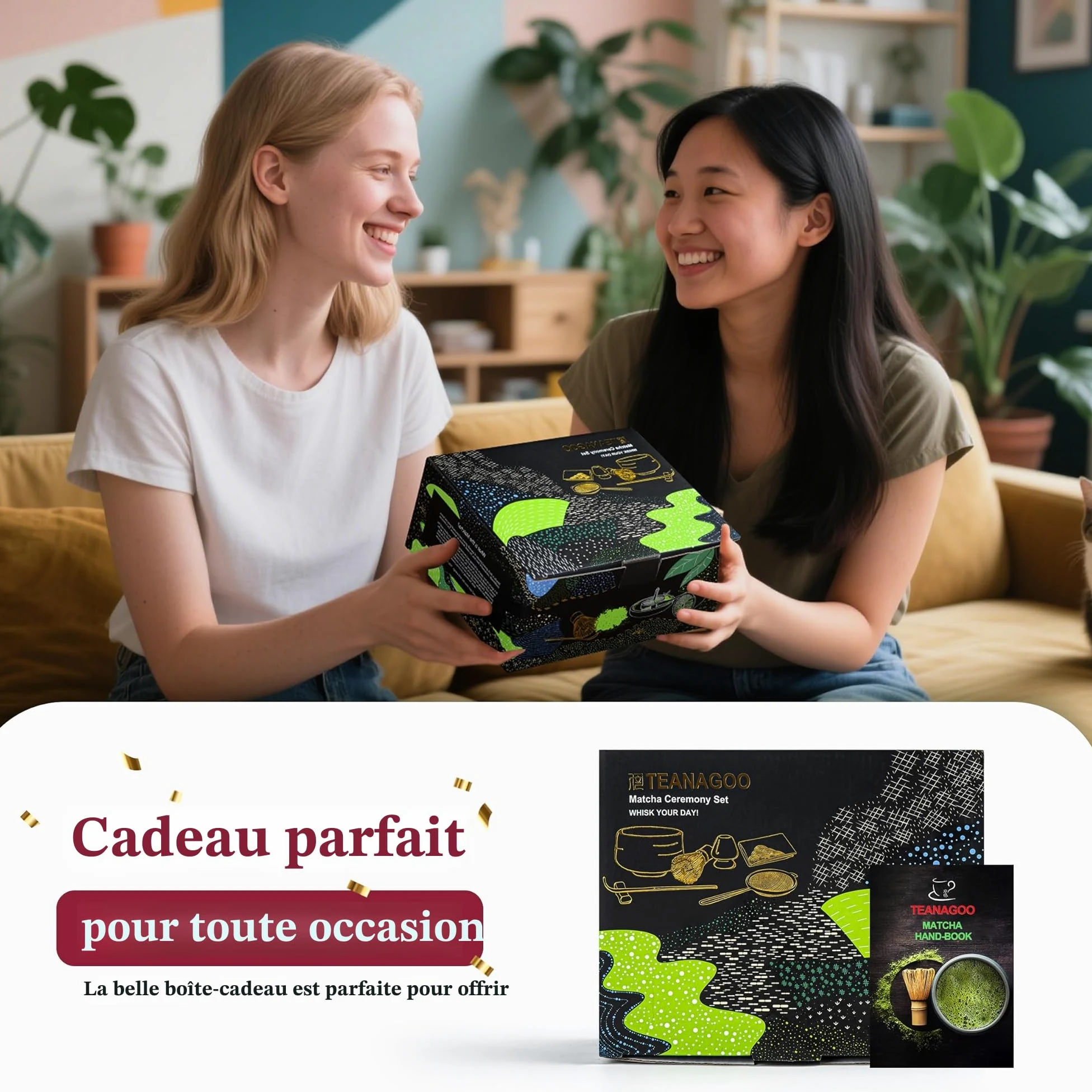TEANAGOO Kit Matcha 7 pièces, Matcha Set-Bol à matcha avec bec verseur, Fouet à Matcha en Bambou (Chasen), Pelle (Chashaku), Service à thé, (Gris Plus Foncé)