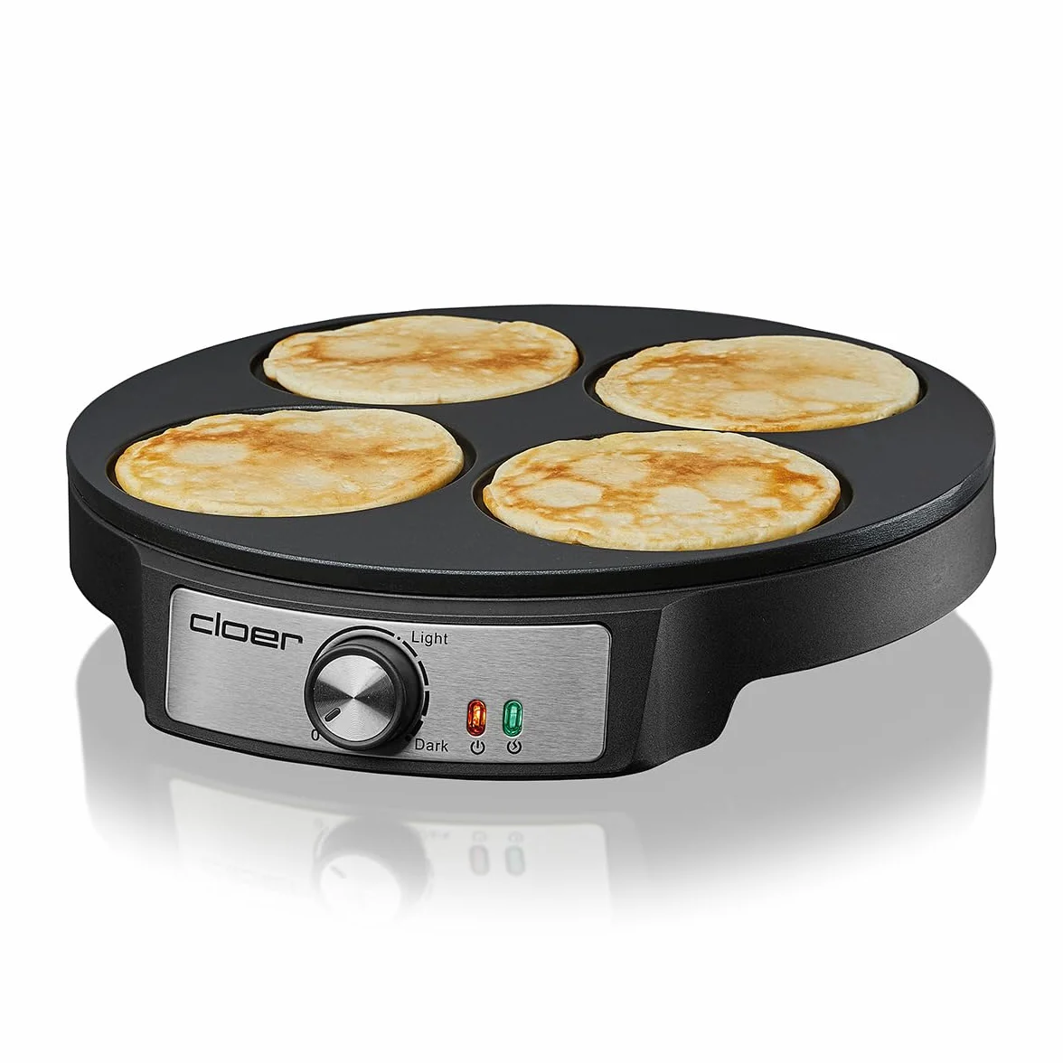 Cloer 6625 Pancake Maker, Mini Pancakes, pour 4 petites pancakes de d'un diamètre de 11 cm, 1200 W, revêtement antiadhésif, comprend un tourne-pancake, noir