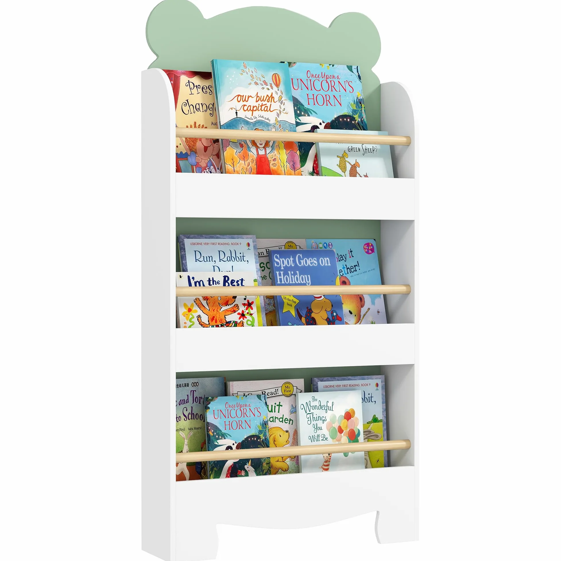 AIYAPLAY Bibliothèque pour Enfant, Rangement Livre Enfant 3 Niveaux, Meuble de Rangement en Forme d'ours, étagère Chambre pour Salle de Jeux, Vert