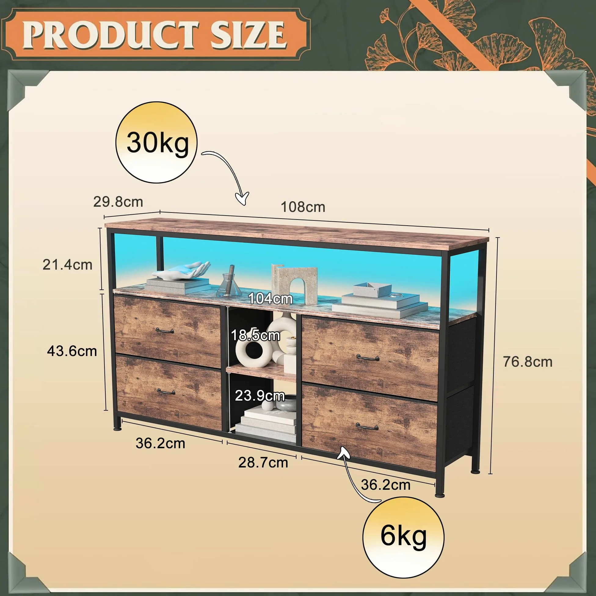 Armoire TV avec lumières LED - 108 x 30 x 78 cm - Meuble TV avec 4 tiroirs, 3 compartiments ouverts - Avec étagère en verre réglable - Pour salon, chambre à coucher - Marron - 108 x 30 x 78 cm