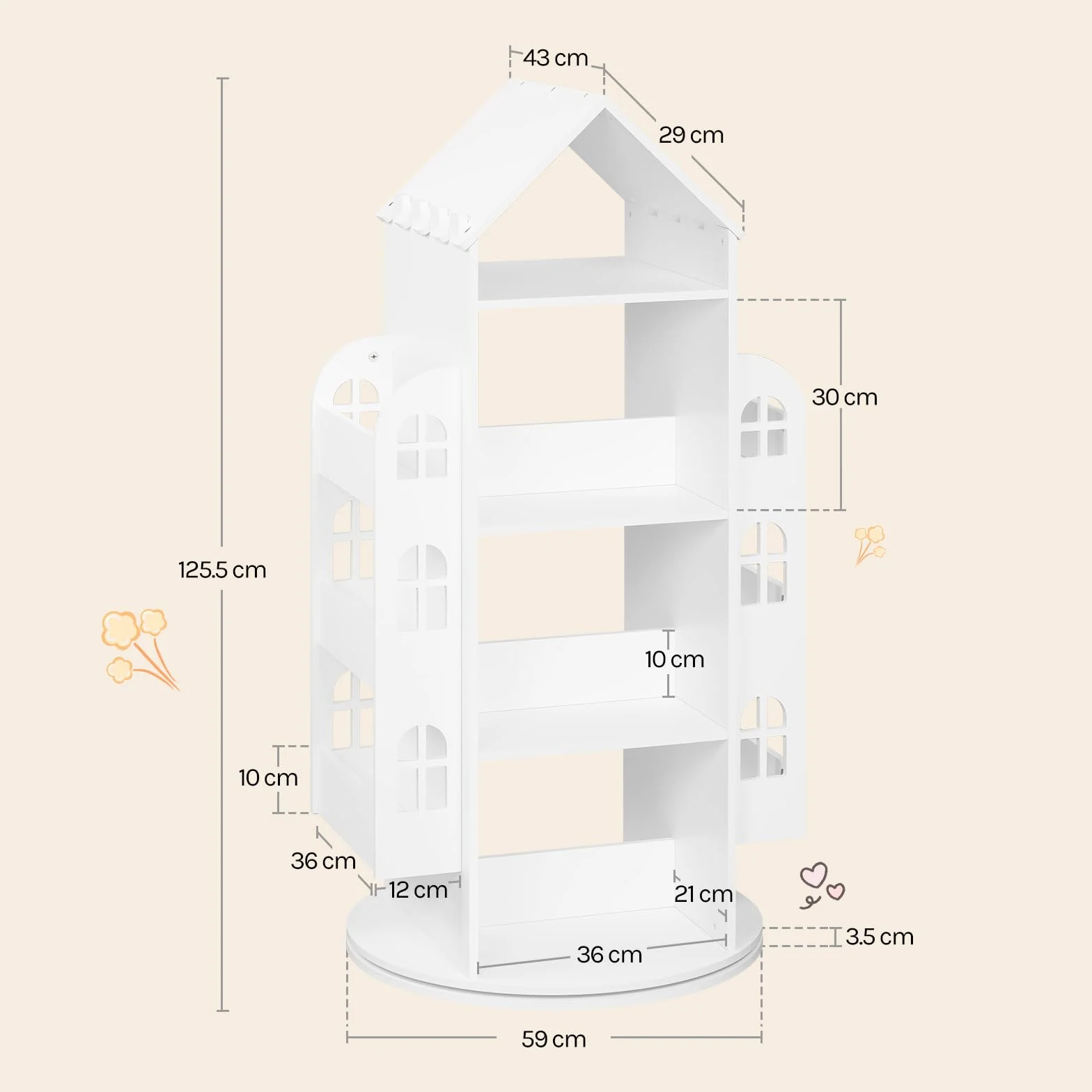 WOLTU Bibliothèque pour Enfants, Étagère Rotative à 4 Niveaux, Meuble de Rangement pour Jouets avec 13 Compartiments, Bibliothèque Blanche en Forme de Maison, 63x59x125cm