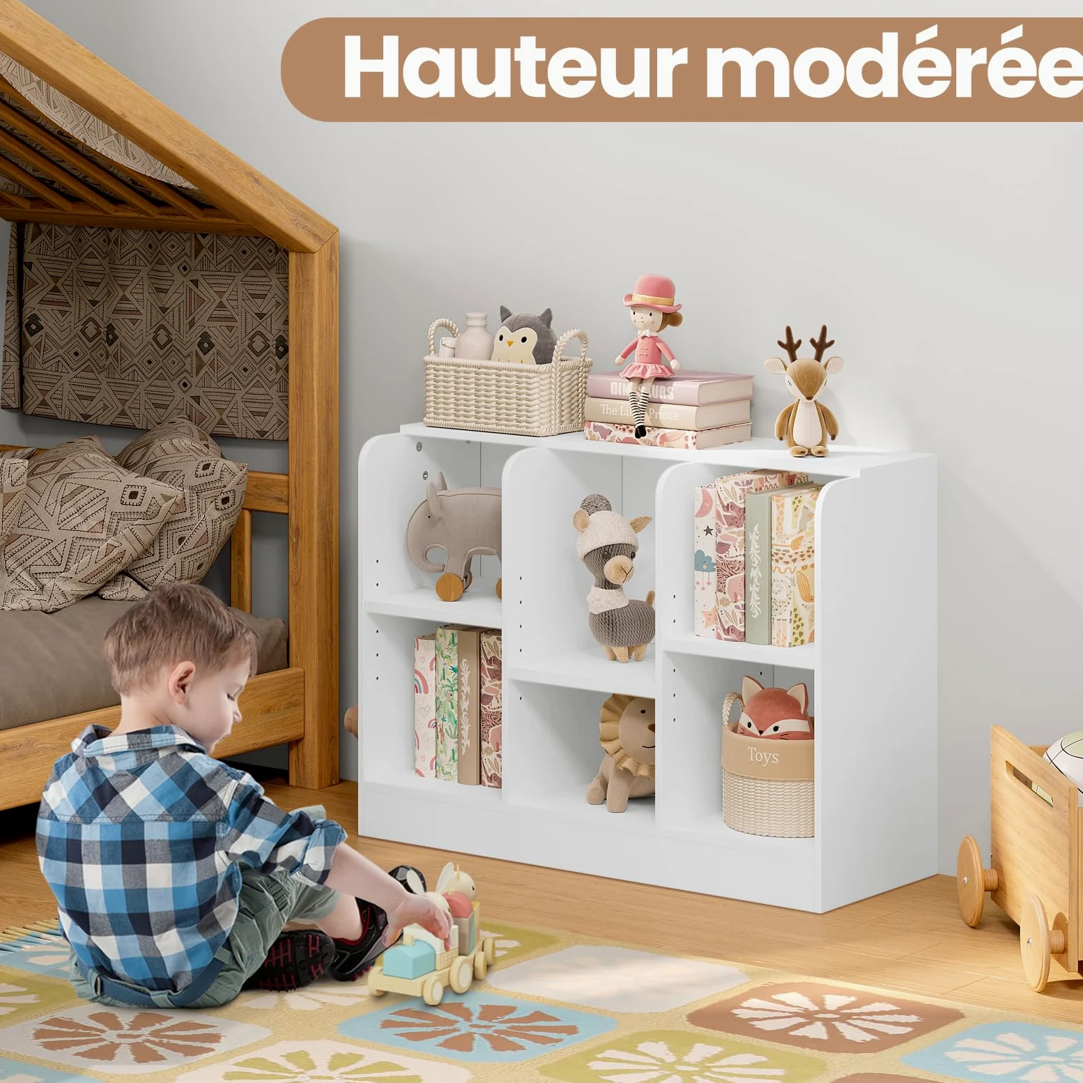 Lestarain Bibliothèque Enfant, Étagère à 6 Compartiments, Meuble Rangement avec Étagères Réglables, pour Chambre d'Enfant, Salle de Jeux, 91,5x30x60cm, Blanc