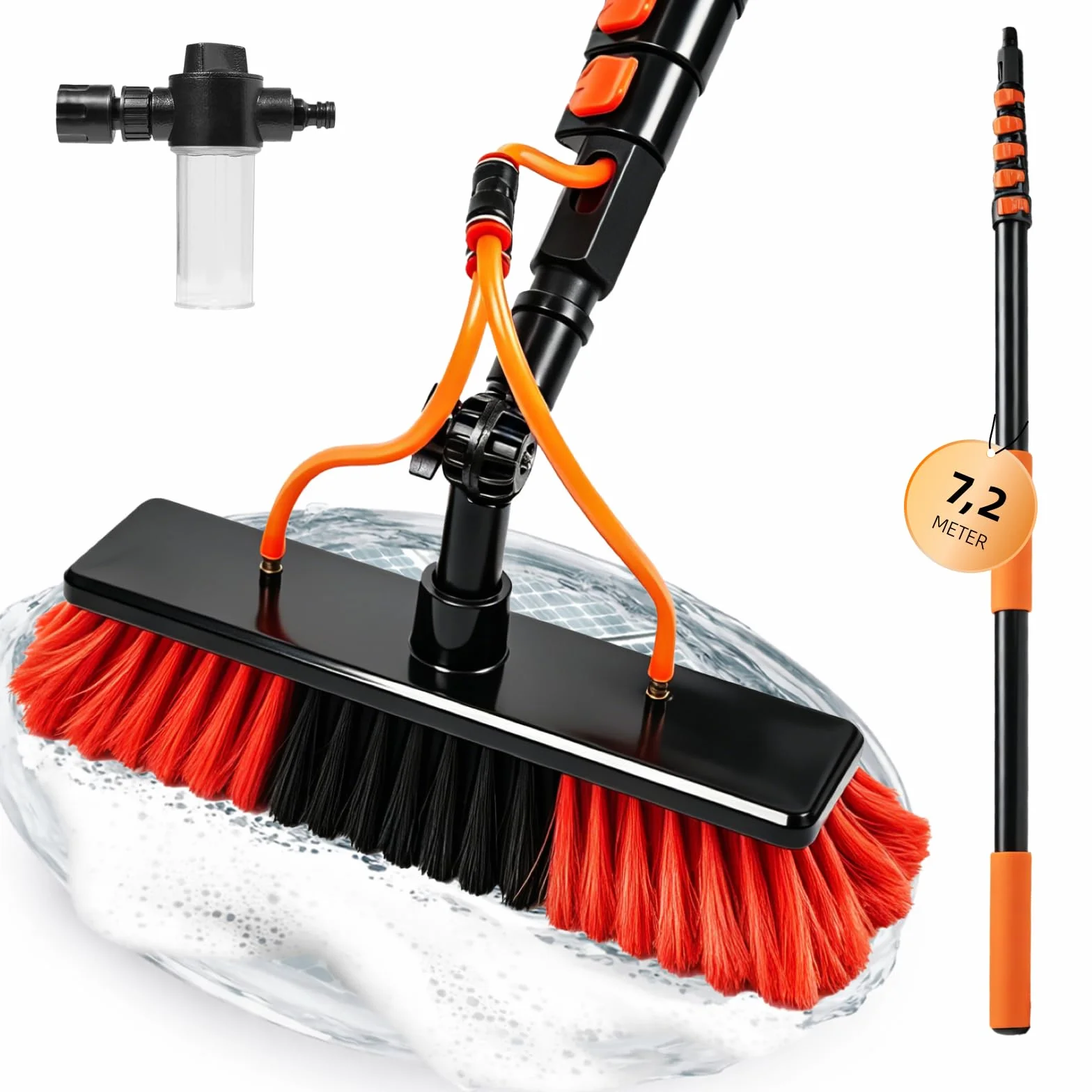 XDOVET 7.2M Brosse Telescopique Toiture,Perche Nettoyage Toiture,Manche Telescopique 7.2m avec Raccord d'eau,Perche Telescopique Nettoyage Panneaux Solaires,Balai Brosse Telescopique 1pcs