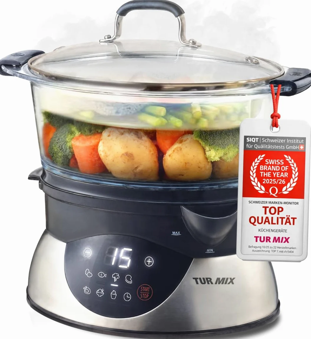 Turmix Steamer CX 220 – Cuiseur vapeur 5,2 L avec récipients en verre et écran numérique, commande tactile, fonction de maintien au chaud, démarrage différé, programme yaourt