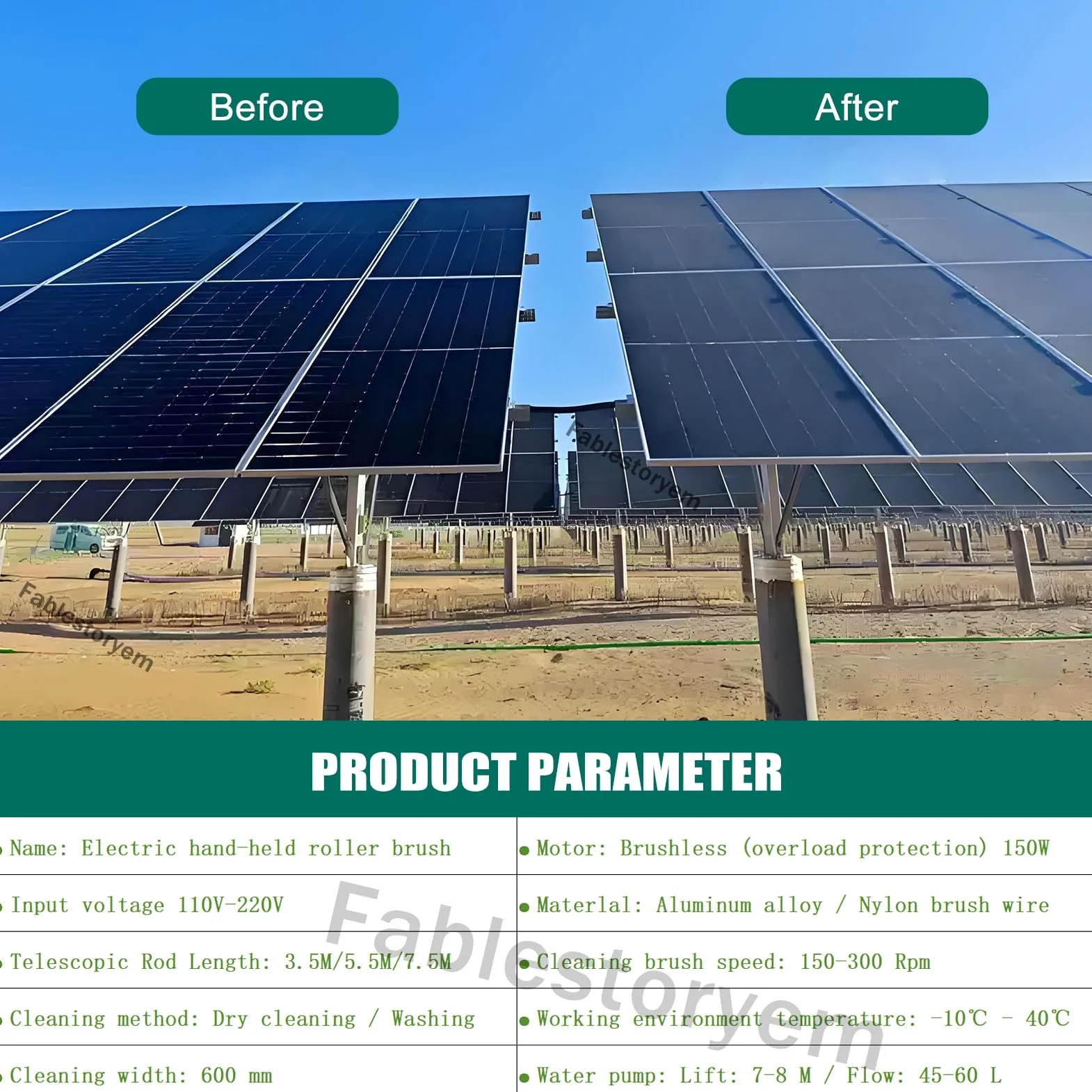 Machine de Nettoyage de Panneaux Photovoltaïques à Tige Télescopique,équipement de Nettoyage Solaire,Kit de Perche Alimentée en Eau Photovoltaïque,Brosse de Nettoyage à Eau Rotative à 360°,7.5M/25Ft