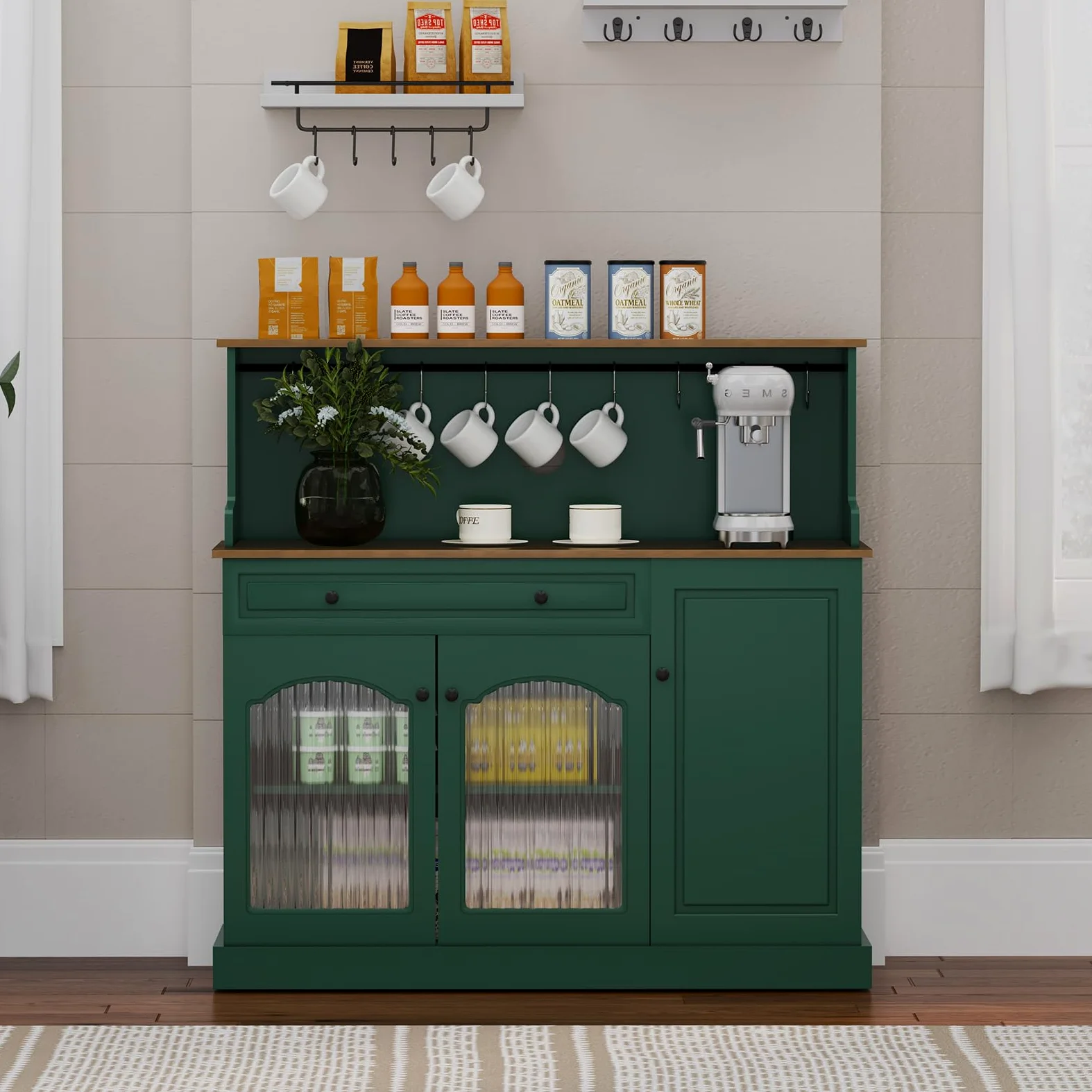HOLTICO Vaisselier Buffet de Cuisine avec Plan de Travail, Meuble pour Micro-Onde et Bar à Café, avec Armoire de Rangement, Tiroir et Étagères, pour Salle à Manger, Salon, 120 x 120 x 40 cm, Vert