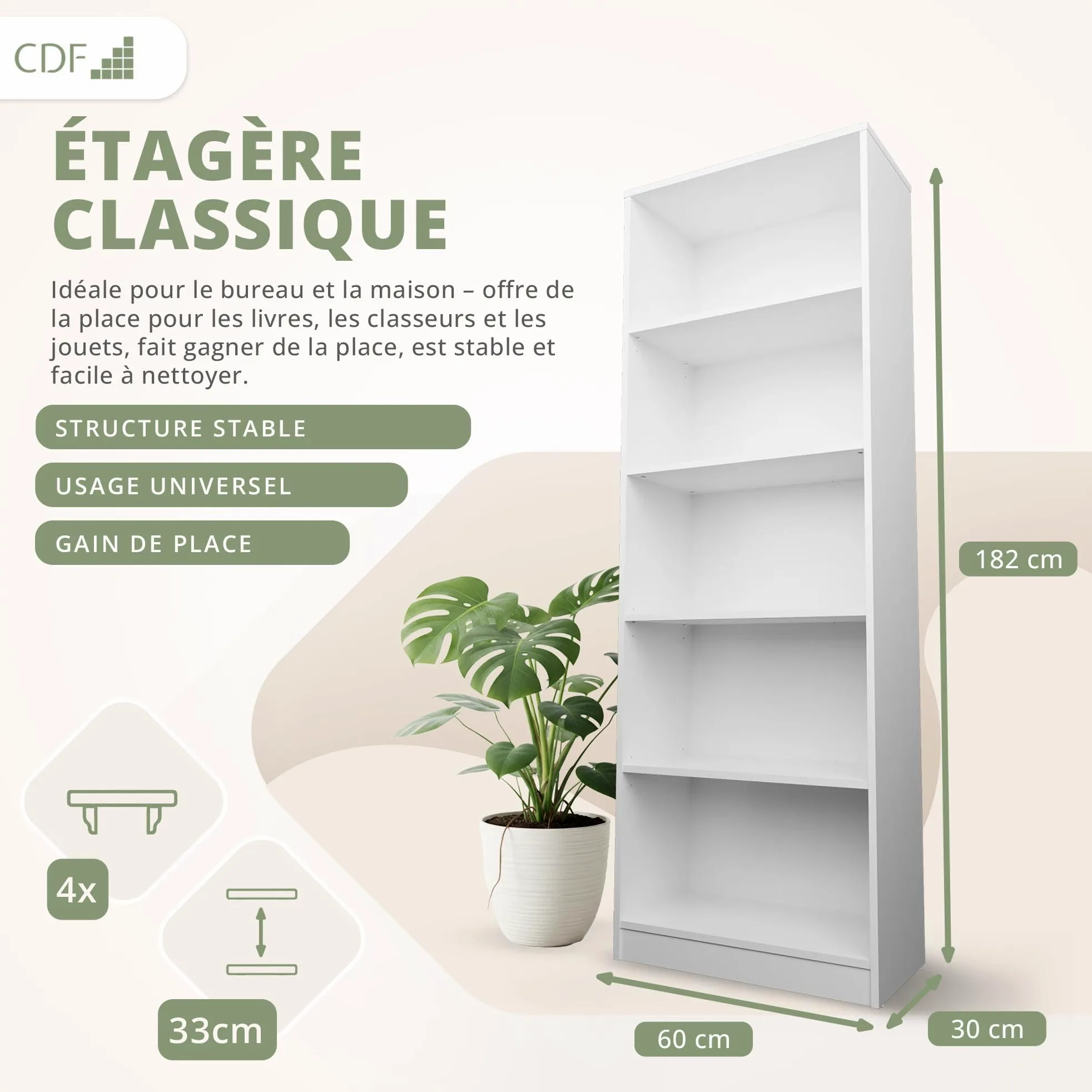 CDF Bibliothèque Ouverte Meuble à Case de Rangement avec Compartiments Colonne pour Bureau Salle à Manger Home Office Salon Livres Dossiers Décoration Chambre Modern Vertical - Blanc 60 cm