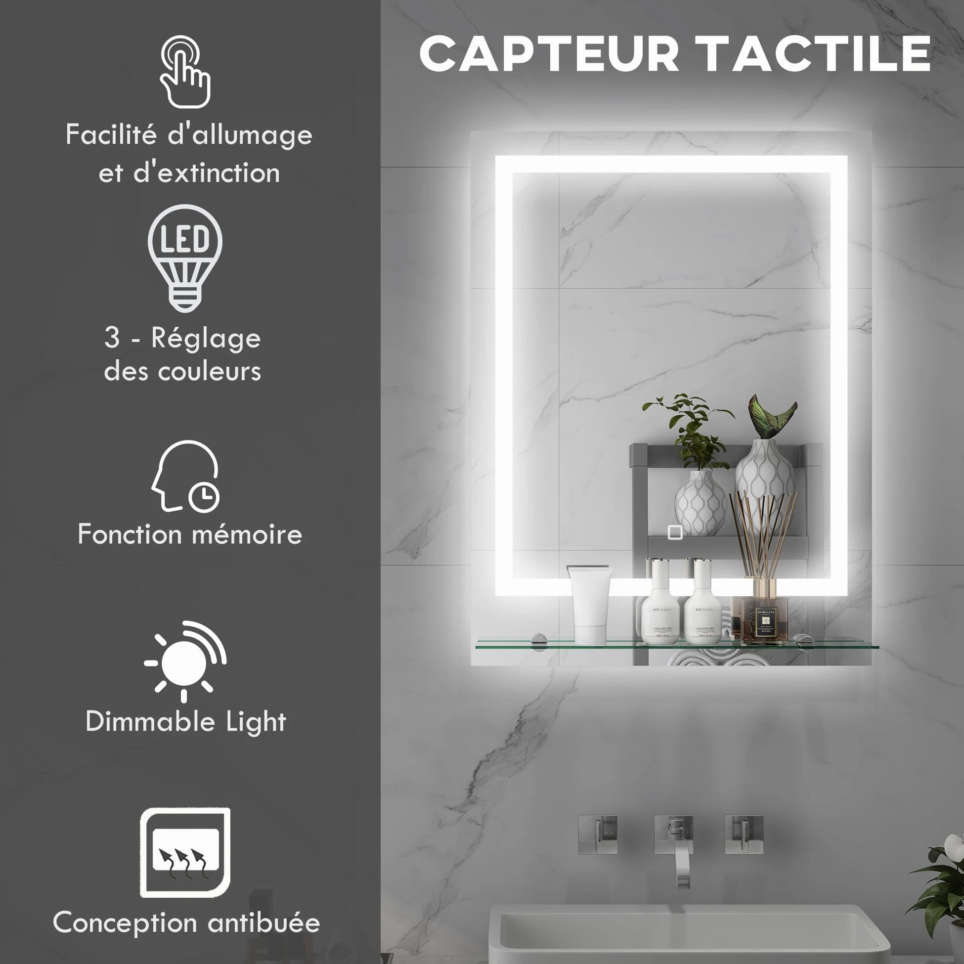 kleankin Miroir Lumineux LED rectangulaire Miroir Mural avec étagère de Salle de Bain 70 x 50 cm luminosité réglable Anti-buée Interrupteur Tactile