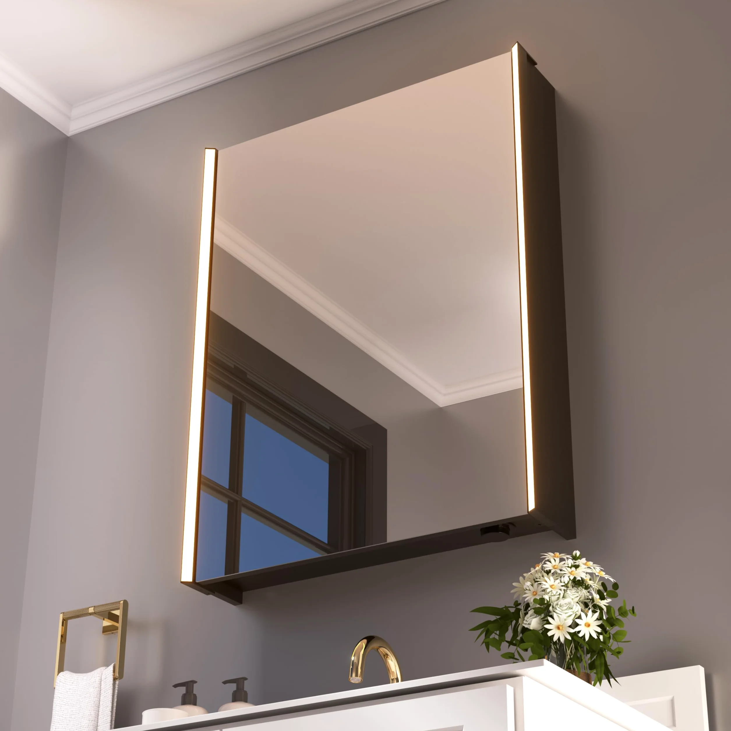 Armoire à pharmacie lumineuse à DEL de 76,2 cm x 58,2 cm avec miroir, bois résistant à l'humidité, intensité variable en continu, 3000 K/5500 K, étagère réglable, design à plat