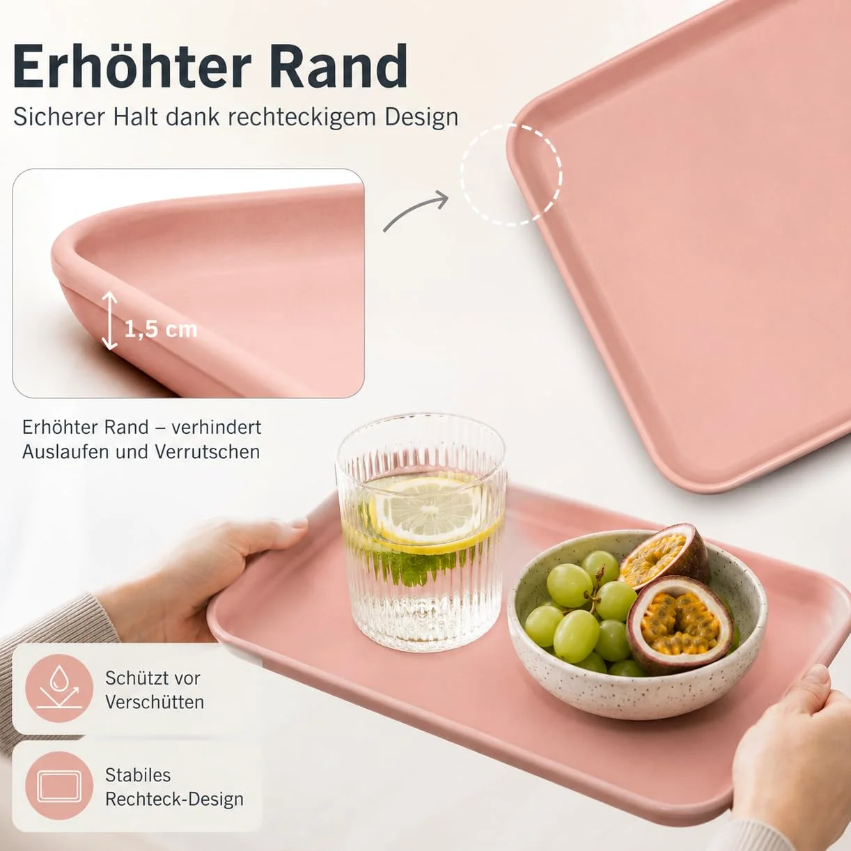 Lot de 24 plateaux de service jusqu'à 20 kg - Résistants aux températures - Passe au micro-ondes - Bord surélevé - Rectangulaire - Passe au lave-vaisselle - Pour cuisine, cantine, café (rose)