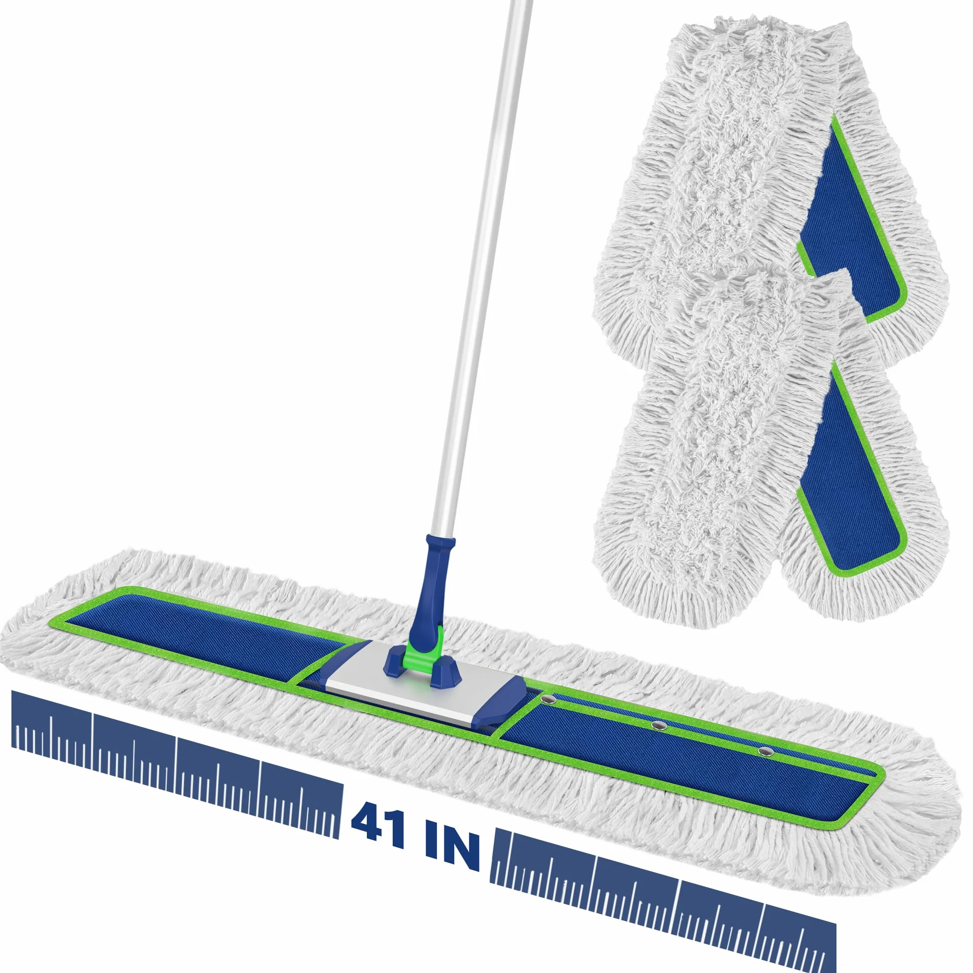 Grand balai plat industriel : 104 cm de large et très résistant pour sols en bois dur – Plumeau pour sols secs avec 2 tampons de 150 cm de long manche pour garage, entrepôt, nettoyage d'usine