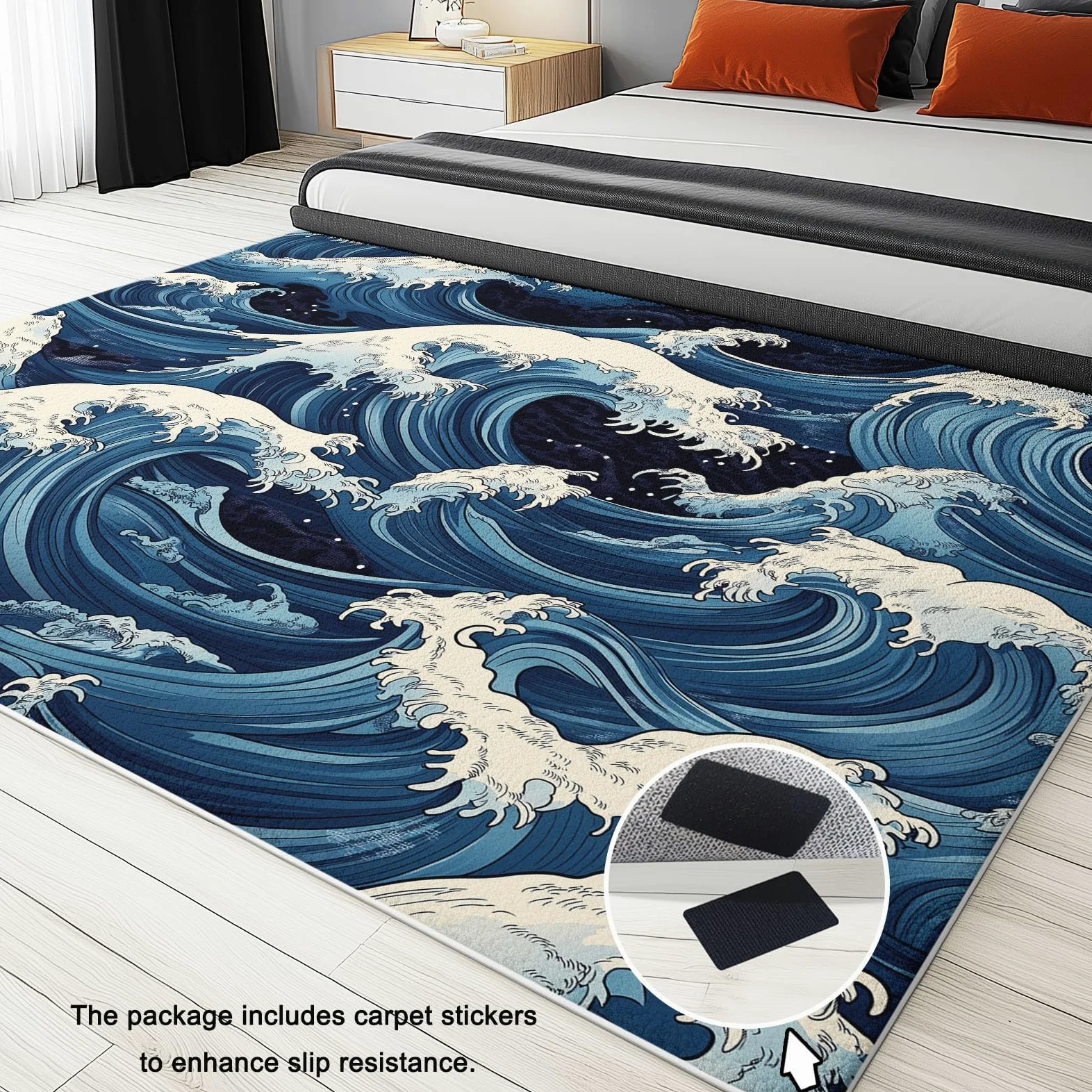 Tapis Poils Ras Motif Vagues À La Japonaise Tapis Salon Chambre Adulte Salle à Manger Bureau Tapis Imprimé à Poil Court Doux Fin Lavable 140 x 200 cm, Bleu Blanc