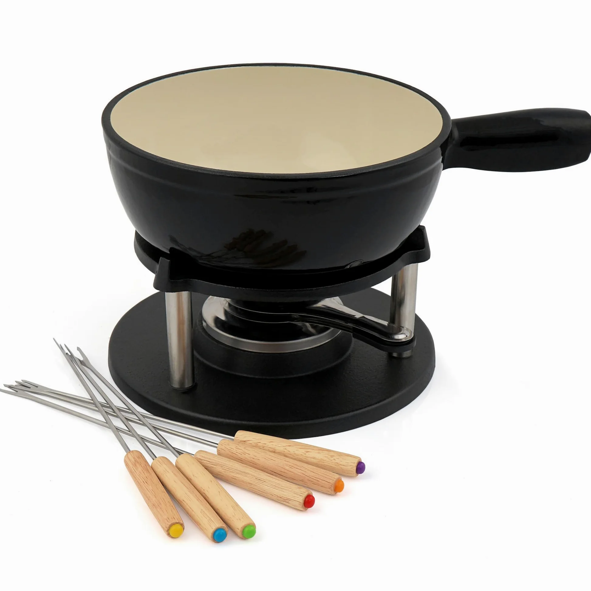 BBQ-TORO Service à Fondue en Fonte pour 6 Personnes (Noir/crème) | 2 litres | Service à Fondue émaillé | 9 pièces avec brûleur et fourchettes