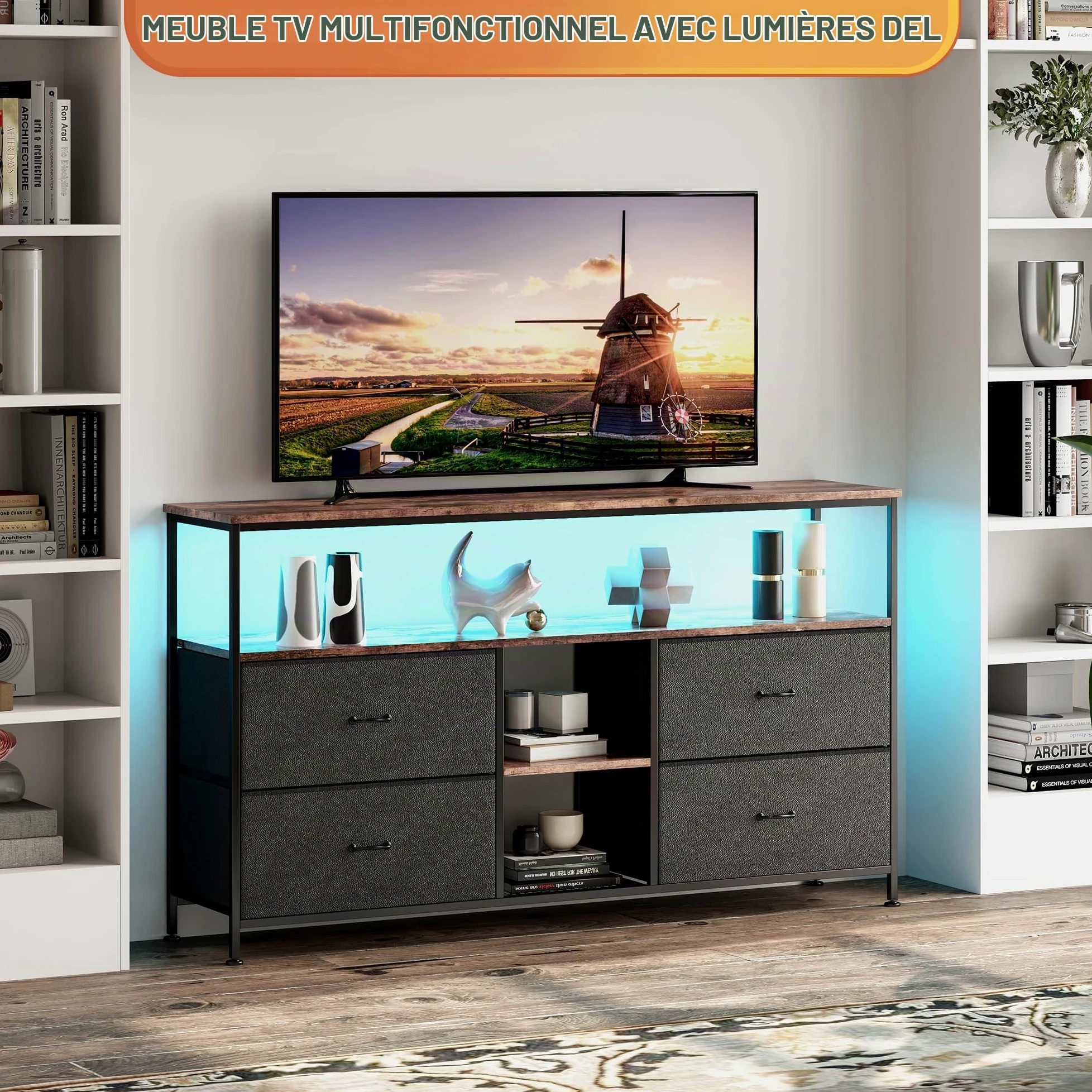 MEXUS Meuble TV, LED Meuble Tele Haut, Meuble TV avec Rangement, Etagères Réglables, 4 tiroirs en Tissu, Intégrez Solutions Rangement Optimisez Visionnage Améliorez L'esthétique (Noir, 137cm)
