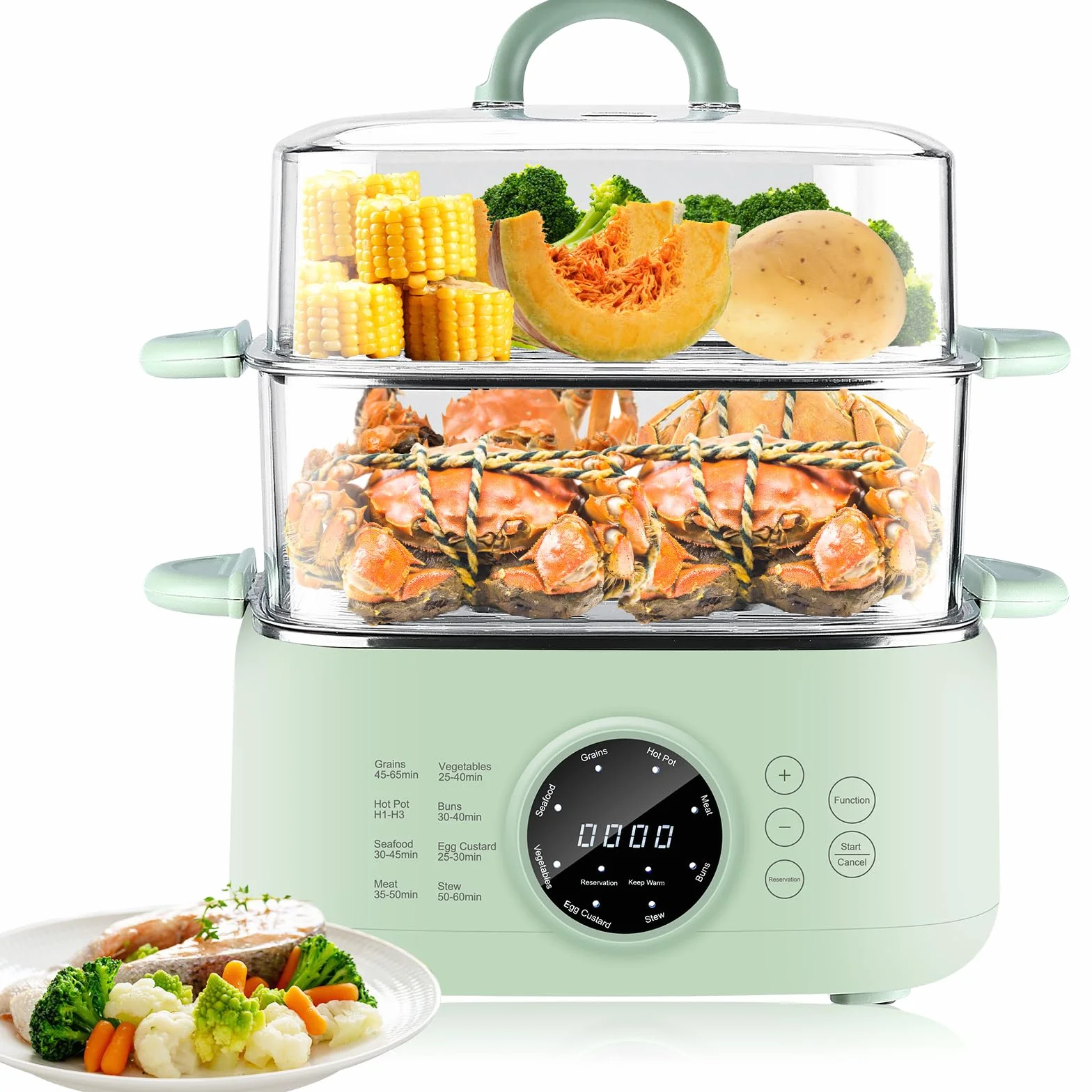 Vaporisateur Électrique avec 2 Cuissons en Acier Inoxydable, 9,3 L 1000W Vaporisateur avec Minuterie 24H, 8 Modes Multifonctionnel Steamer Alimentaire, Anti-Séchage (PC)