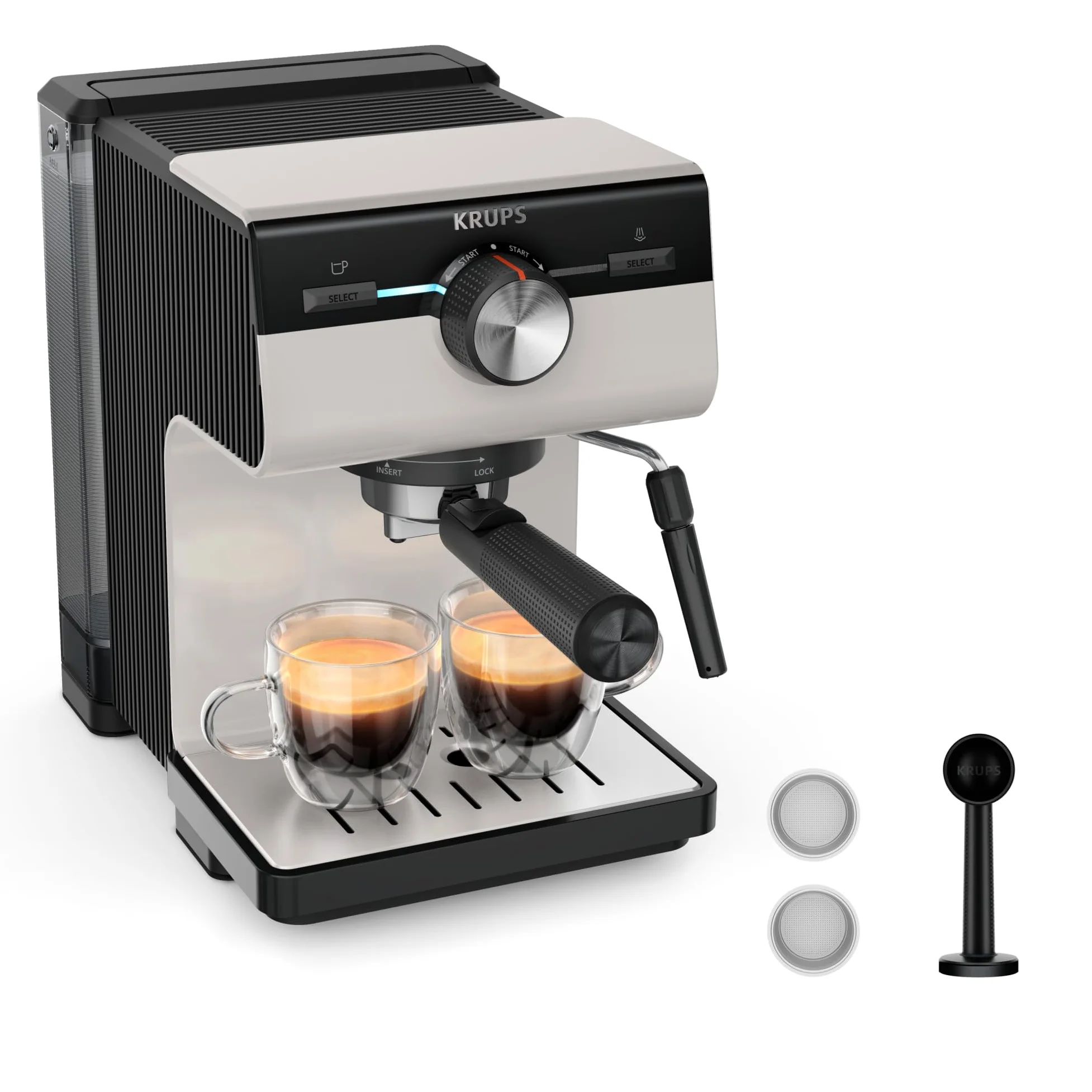 KRUPS Machine espresso manuelle, Qualité Barista, Espresso et Cappuccinos, Buse vapeur, Rangement des filtres inclus, Gris clair, Authentic, XP381B10