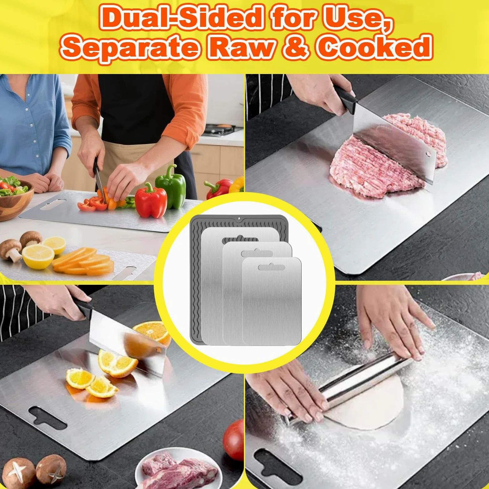 3 Pièces Planche Decouper Titane avec Tapis Silicone, Planches Cuisine Acier Inoxydable, Cutting Board Face Double Qualité Alimentaire,Planche Hygiénique Lave-Vaisselle pour Viande,Légumes et Fruits