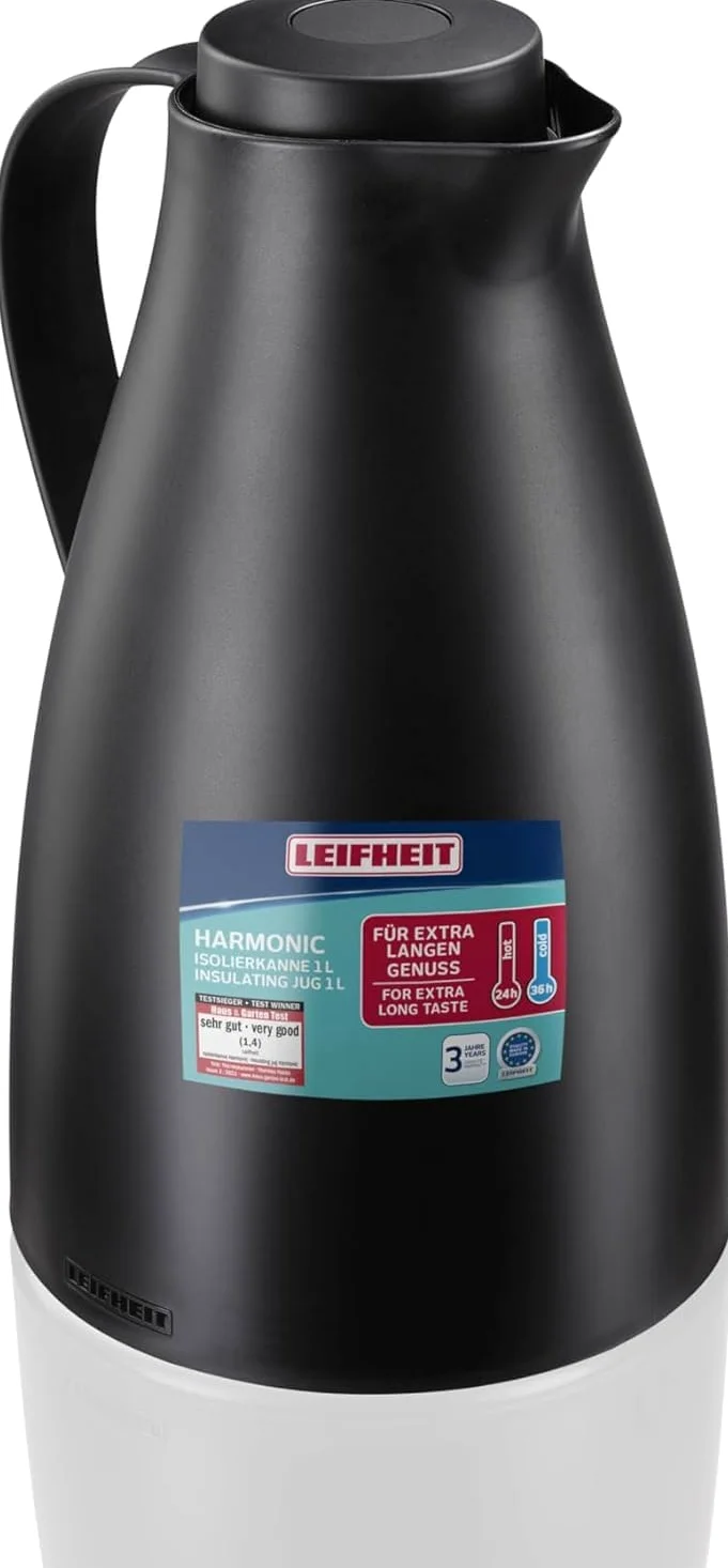 Leifheit Pichet isotherme 1L Harmonic, Pichet thermos café et thé 100% étanche, Thermos café chaud jusqu'à 24h, ouverture fermeture et versement d'une seule main, thermos design sans BPA, noir