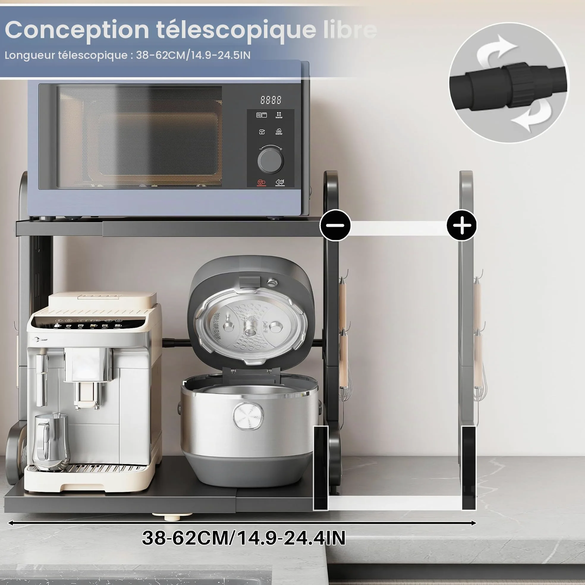 Étagère de Rangement Extensible pour Micro-Ondes, 2 Niveaux Étagère de Cuisine Réglable en Métal et 6 Crochets, Support pour Four, Microwave Oven Storage Rack (Noir)