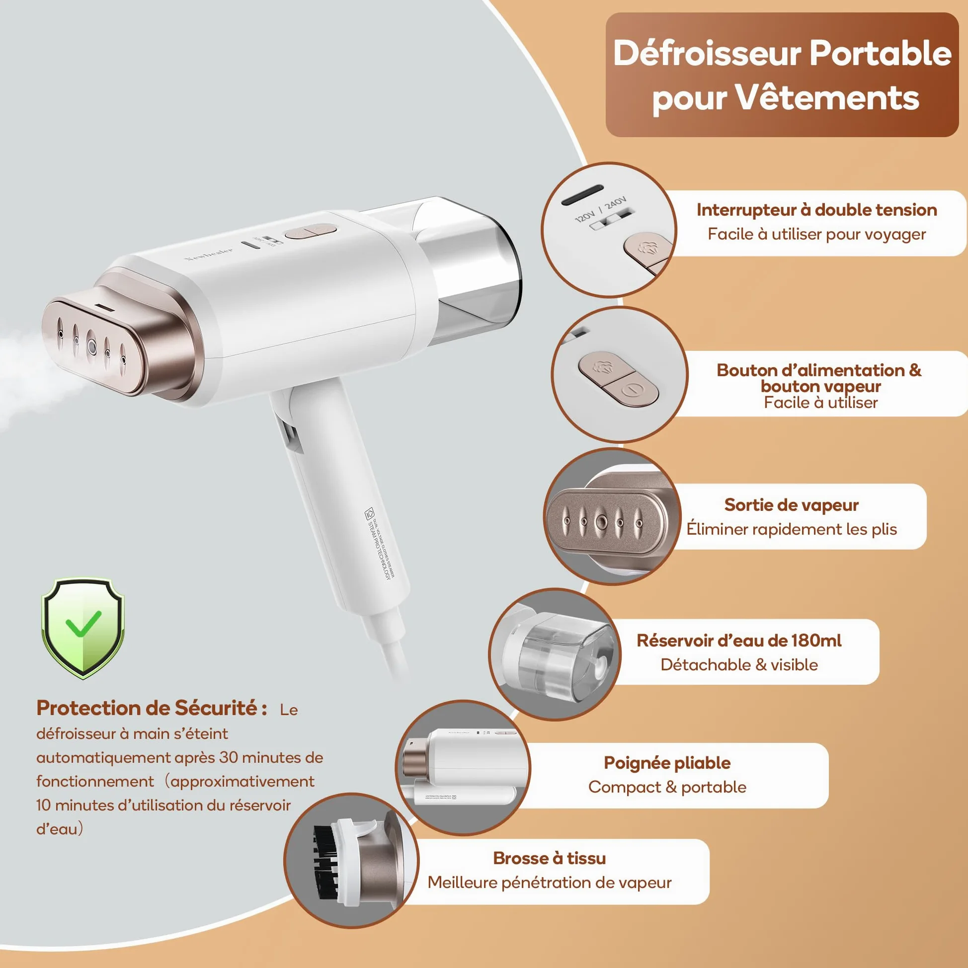 Newbealer Défroisseur Vapeur, Défroisseur de Voyage Double Tension - 220V/120V, 1200W Fer à Repasser à Main avec Réservoir d'Eau Détachable de 180ml, Horizontale et Verticale, Chauffe Rapide en 20s
