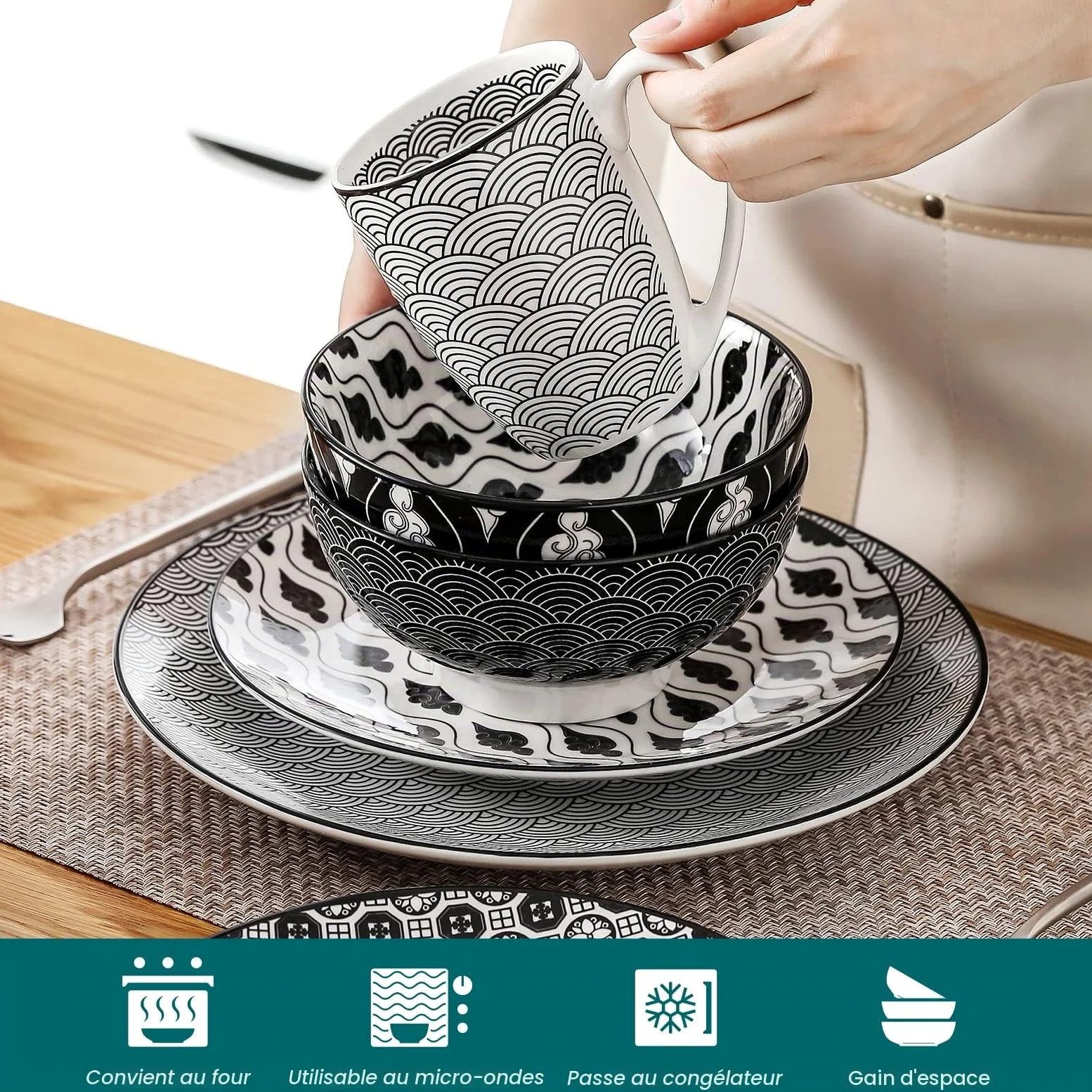 vancasso, Haruka Service de table en porcelaine, 48 pièces, ronds, pour 12 personnes, comprend gobelets, bols, assiettes à dessert et assiettes plates