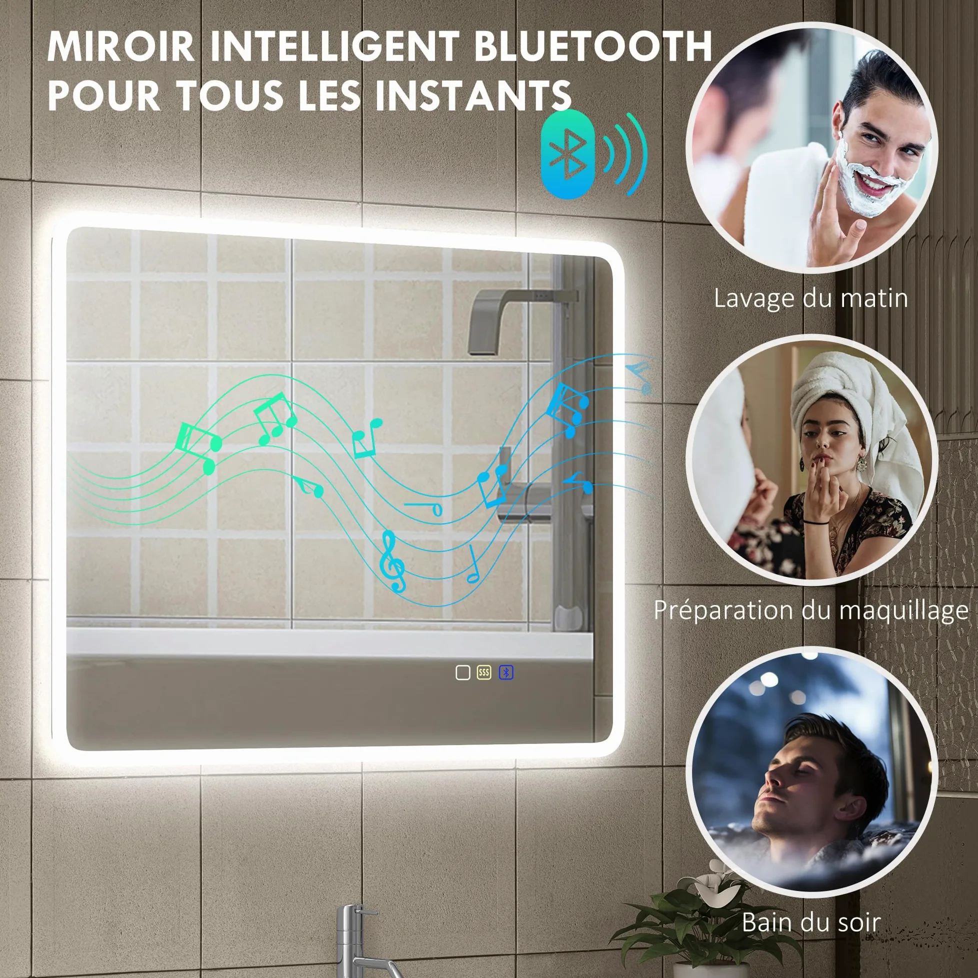 HOMCOM Miroir Salle de Bain Bluetooth 70 x 90 cm, Miroir Lumineux Salle de Bain Mural avec éclairage LED, Interrupteur Tactile, lumière réglable 3 Couleurs, Anti-buée, mémoire - Argent