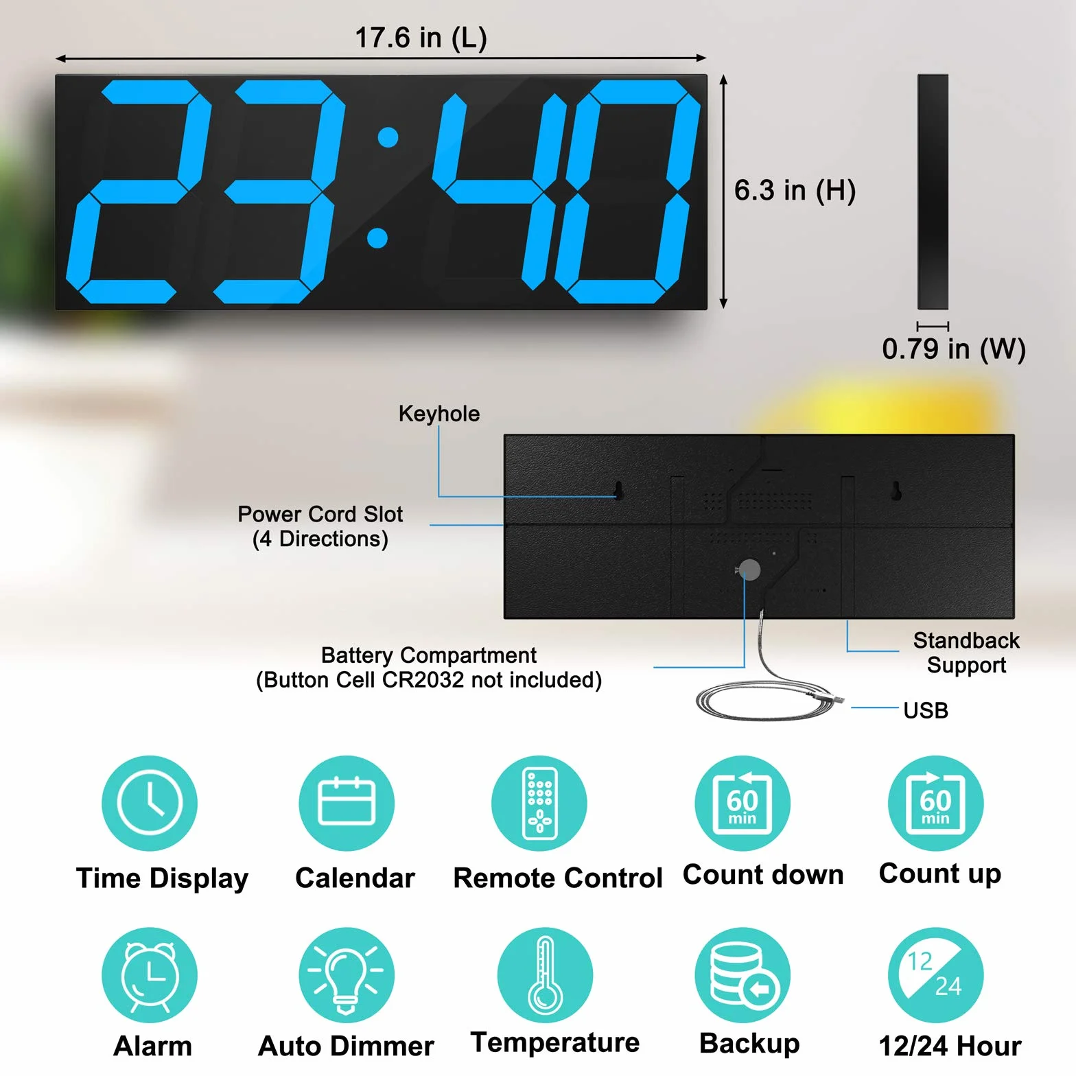 CHKOSDA Horloge murale numérique à LED horloge murale surdimensionnée avec chiffres de 152 cm minuterie à rebours télécommandée variateur d'intensité grand calendrier et thermomètre (bleu glacial)