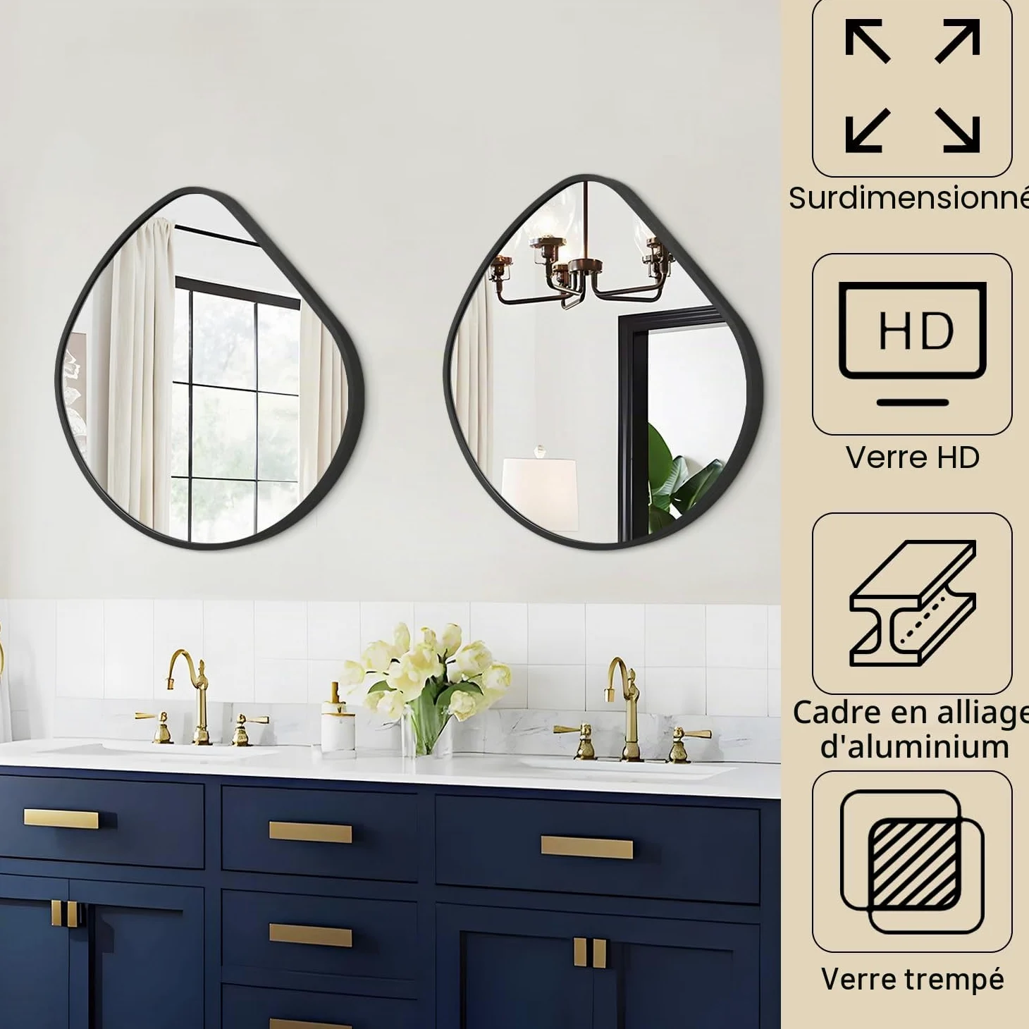 Miroir mural irrégulier, miroirs muraux décoratifs 48 x 50 cm, miroir asymétrique noir avec cadre en alliage d'aluminium aéronautique pour salle de bain, salon, chambre à coucher, entrée