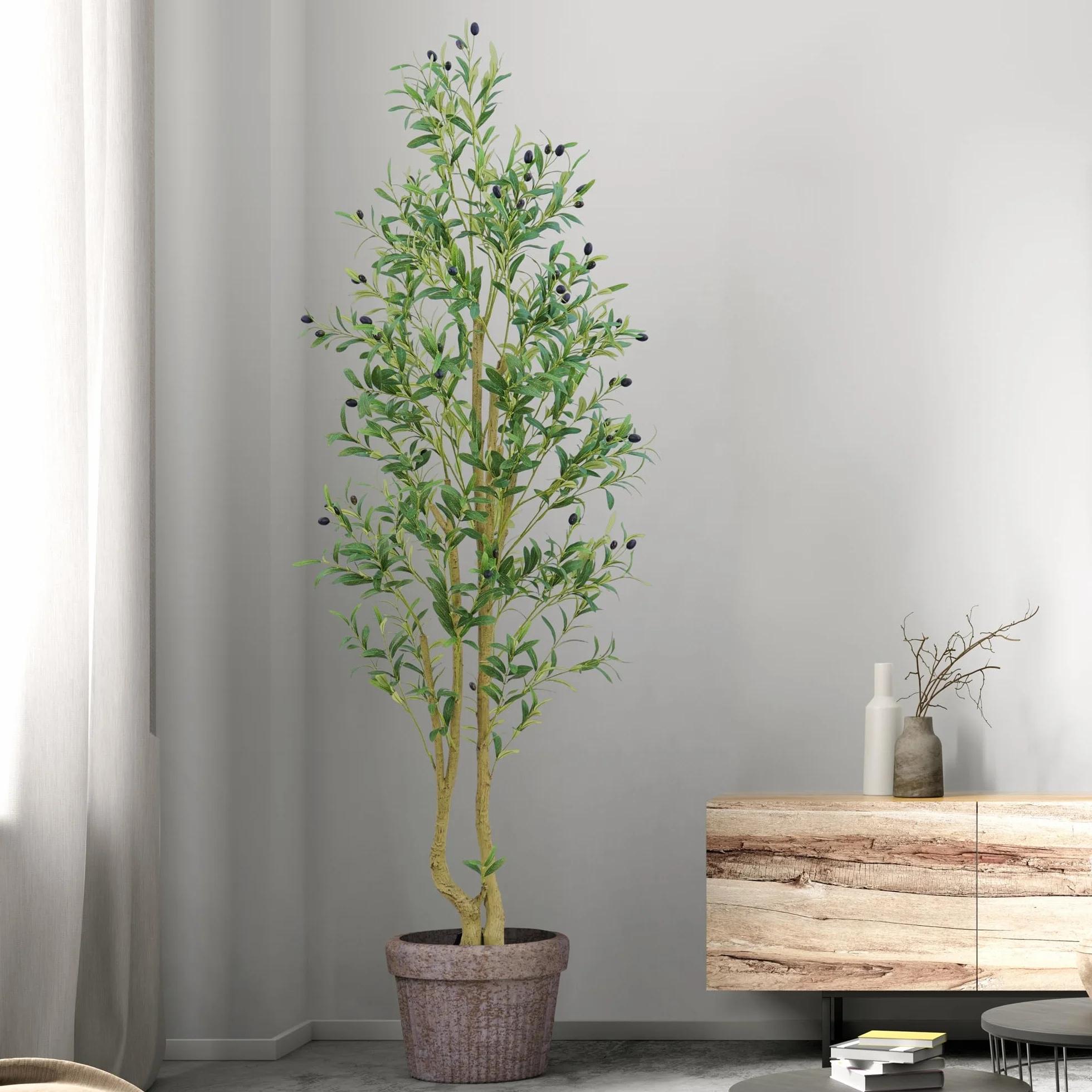 HZXGCP Olivier artificiel de 1,8 m avec pot blanc, faux arbre avec 1296 feuilles denses et 72 fruits d'olivier artificiels – Assemblage facile, nécessite peu d'entretien (olivier de 1,8 m)