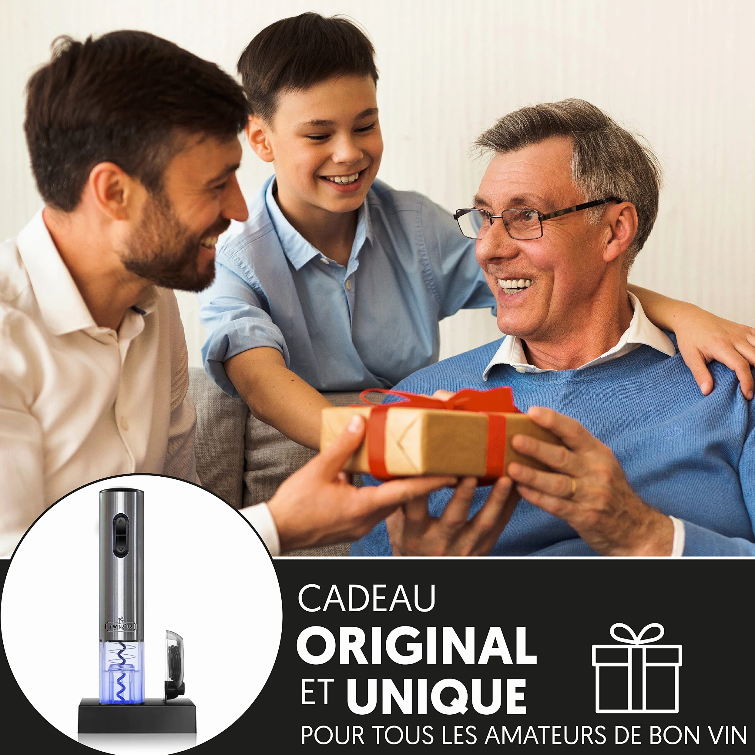 Twinz’Up Tire Bouchon Electrique Rechargeable - Coffret Cadeau Homme - Ouvre Bouteille Electrique sans-Fil avec Socle Chargeur et Coupe-Capsule
