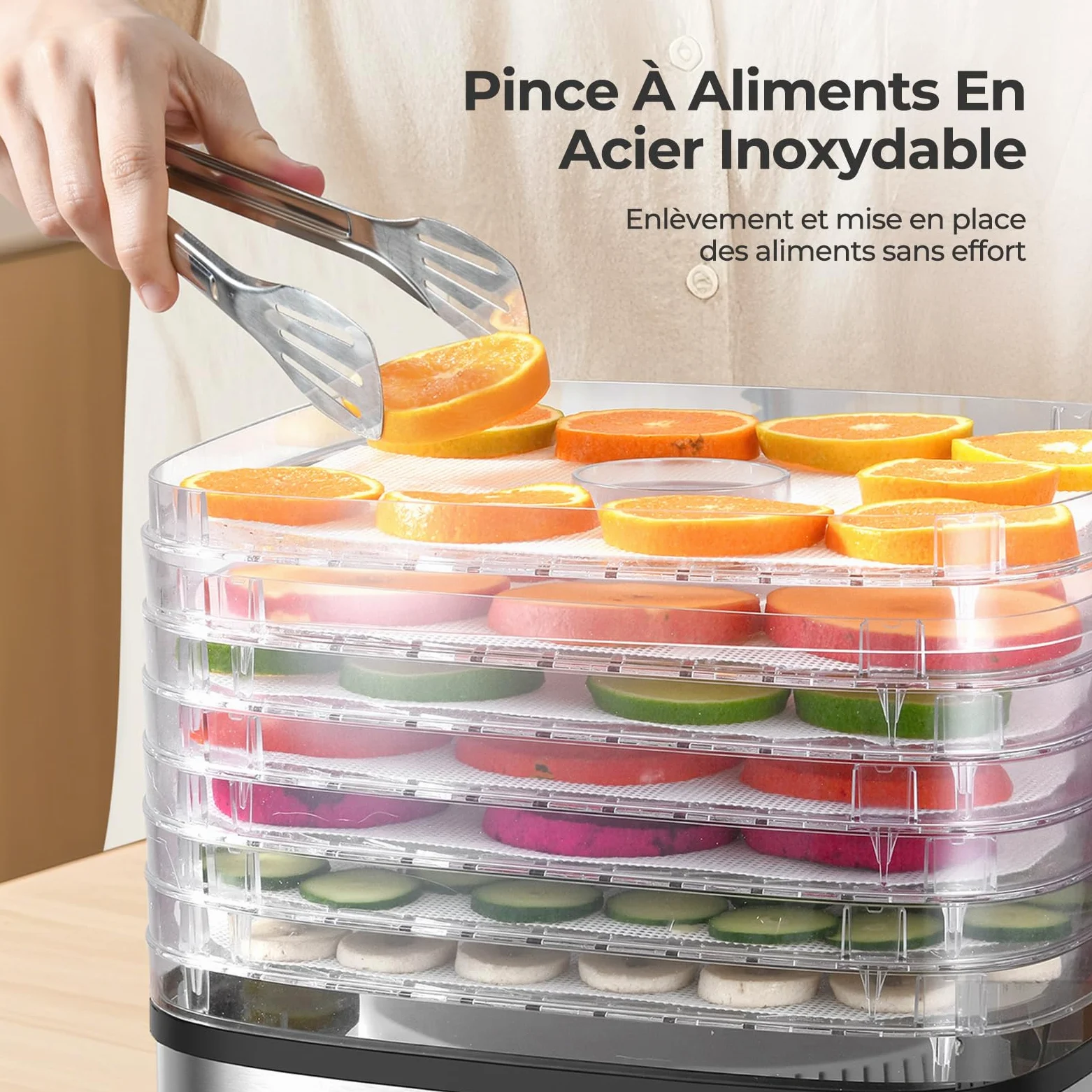 YASHE Deshydrateur Alimentaire 8 Plateaux, Minuteur Digital & Température Réglable, Plateaux Sans BPA, Feuilles en Maille & Rouleaux de Fruits, Pince Inox, Pour Jerky, Fruits, Légumes et Herbes