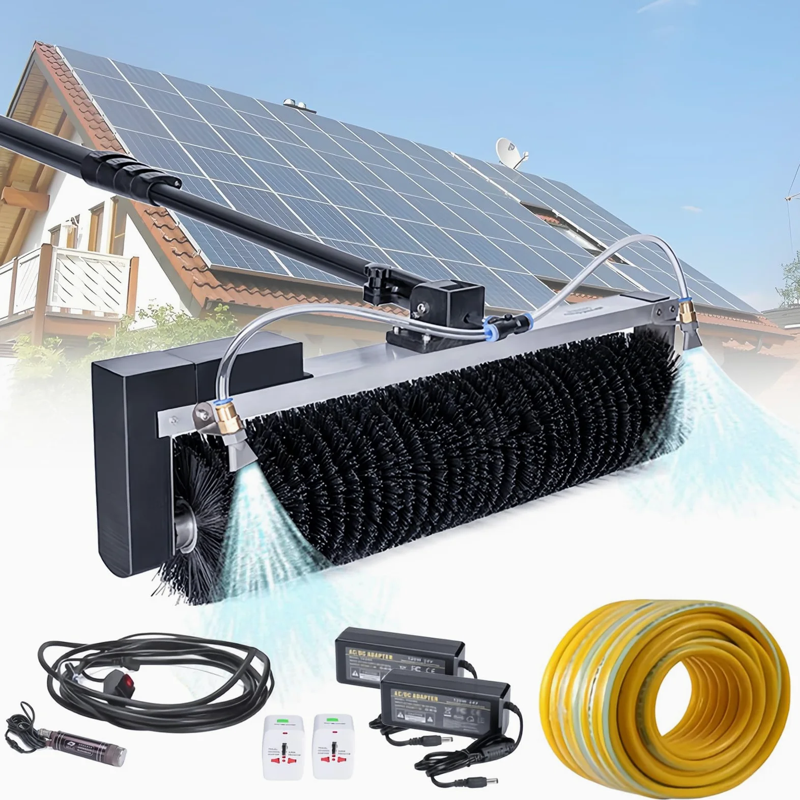 Machine de Nettoyage de Panneaux Photovoltaïques à Tige Télescopique,équipement de Nettoyage Solaire,Kit de Perche Alimentée en Eau Photovoltaïque,Brosse de Nettoyage à Eau Rotative à 360°,7.5M/25Ft