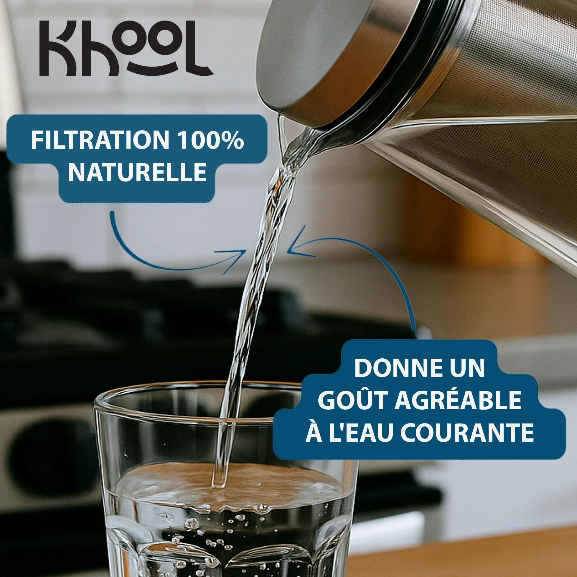 KHOOL - Kit Carafe filtration de l'eau en Verre et Inox + Bâtons Charbon de Bambou et Perles de Céramique - Purifie & améliore le goût de l’eau - Alternative Écologique - Origine France - 1L