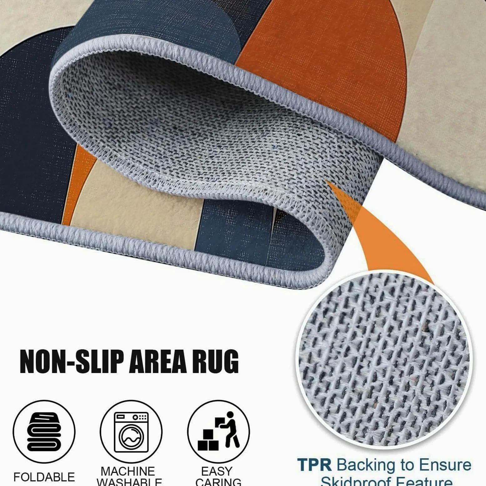 Tapis Salon Chambre Adulte Poil, Tapis à Poils Courts et denses Motif Géométrie Vintage Cercles, Tapis Lavable en Machine Antidérapant Bleu Orange, 60 x 110 cm