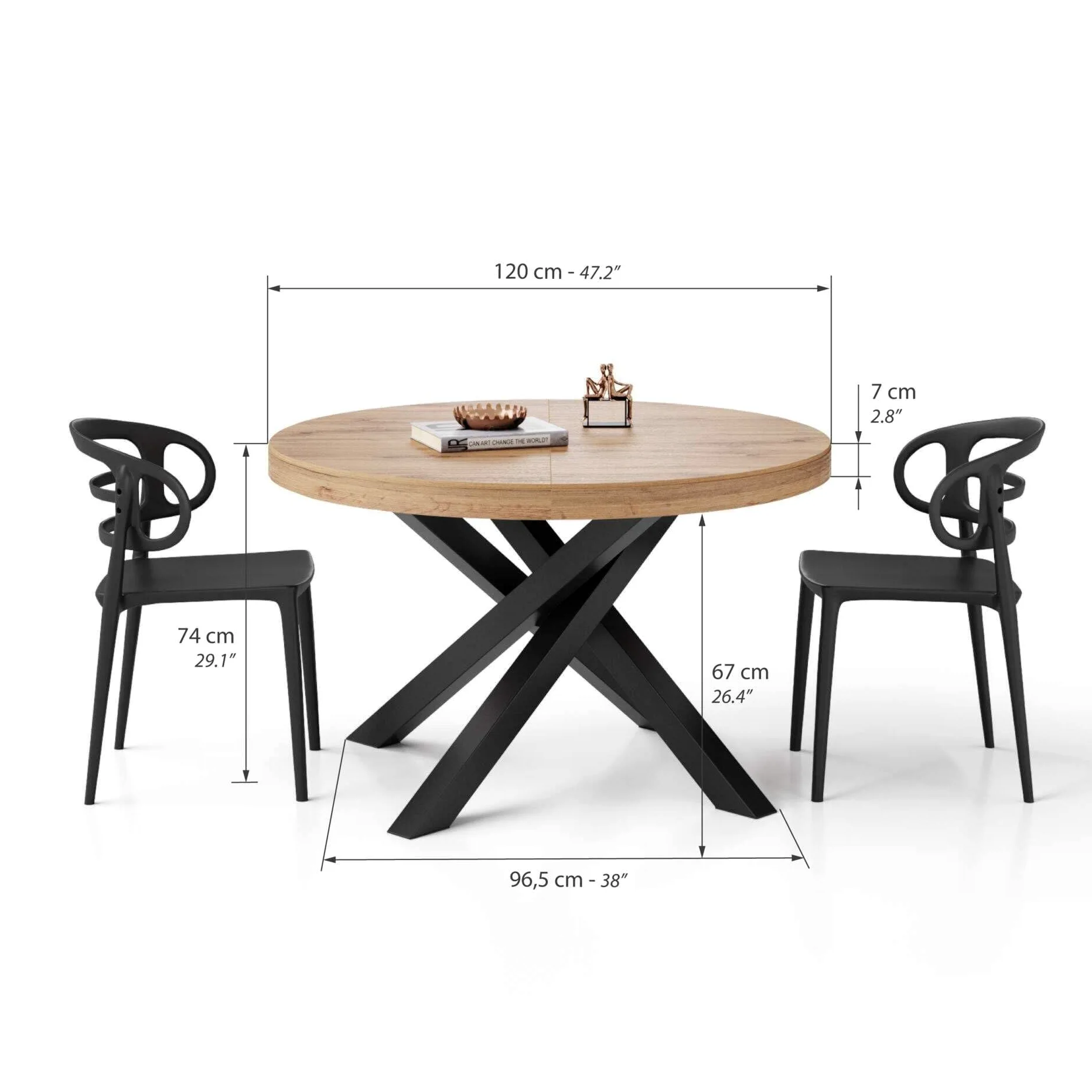 MOBILI FIVER, Table Ronde Extensible Emma, 120-160 cm, Bois Rustique, avec Pieds Noirs croisés, pour 4-6 Personnes, Table Extensible pour Cuisine, Salon, Made in Italy
