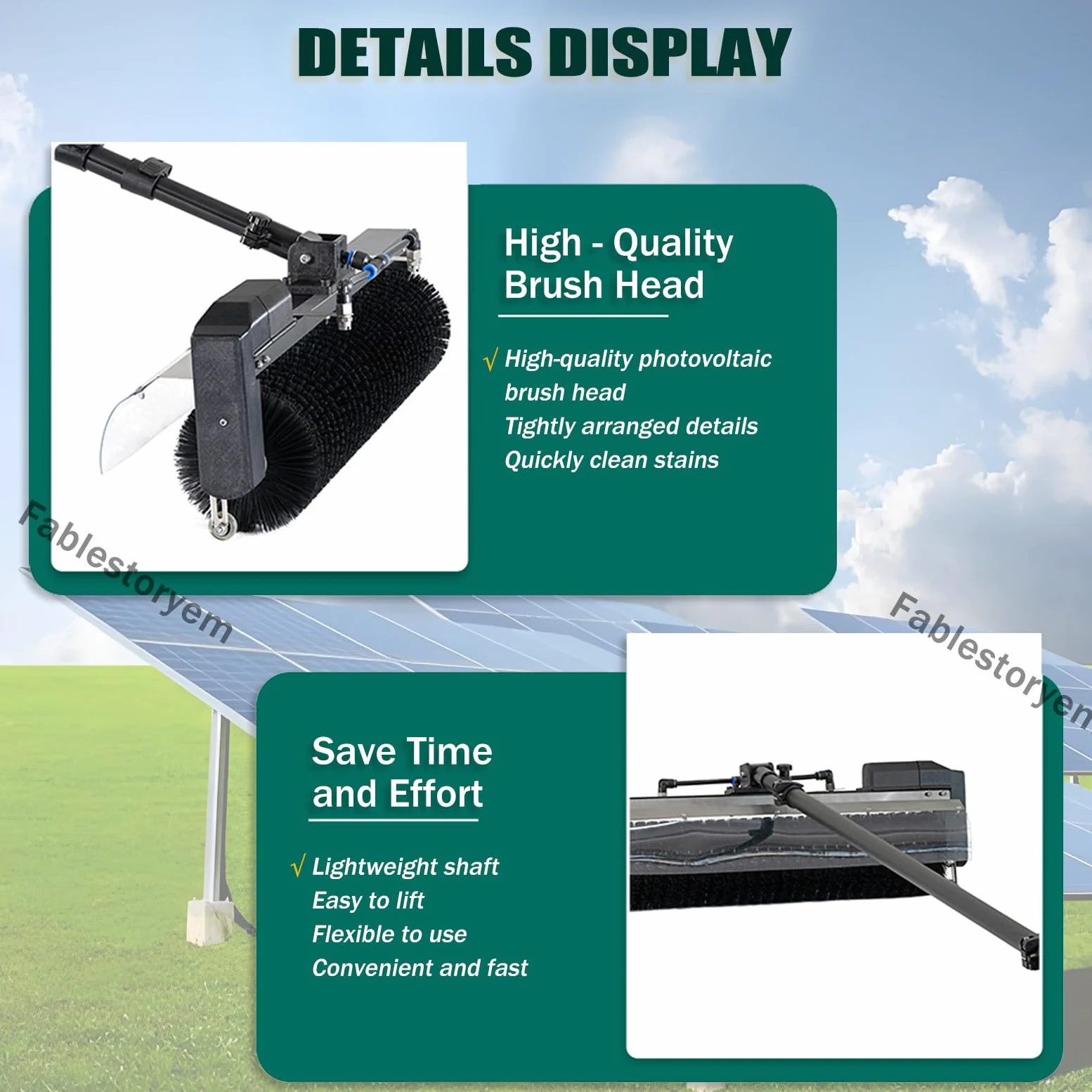Machine de Nettoyage de Panneaux Photovoltaïques à Tige Télescopique,équipement de Nettoyage Solaire,Kit de Perche Alimentée en Eau Photovoltaïque,Brosse de Nettoyage à Eau Rotative à 360°,7.5M/25Ft