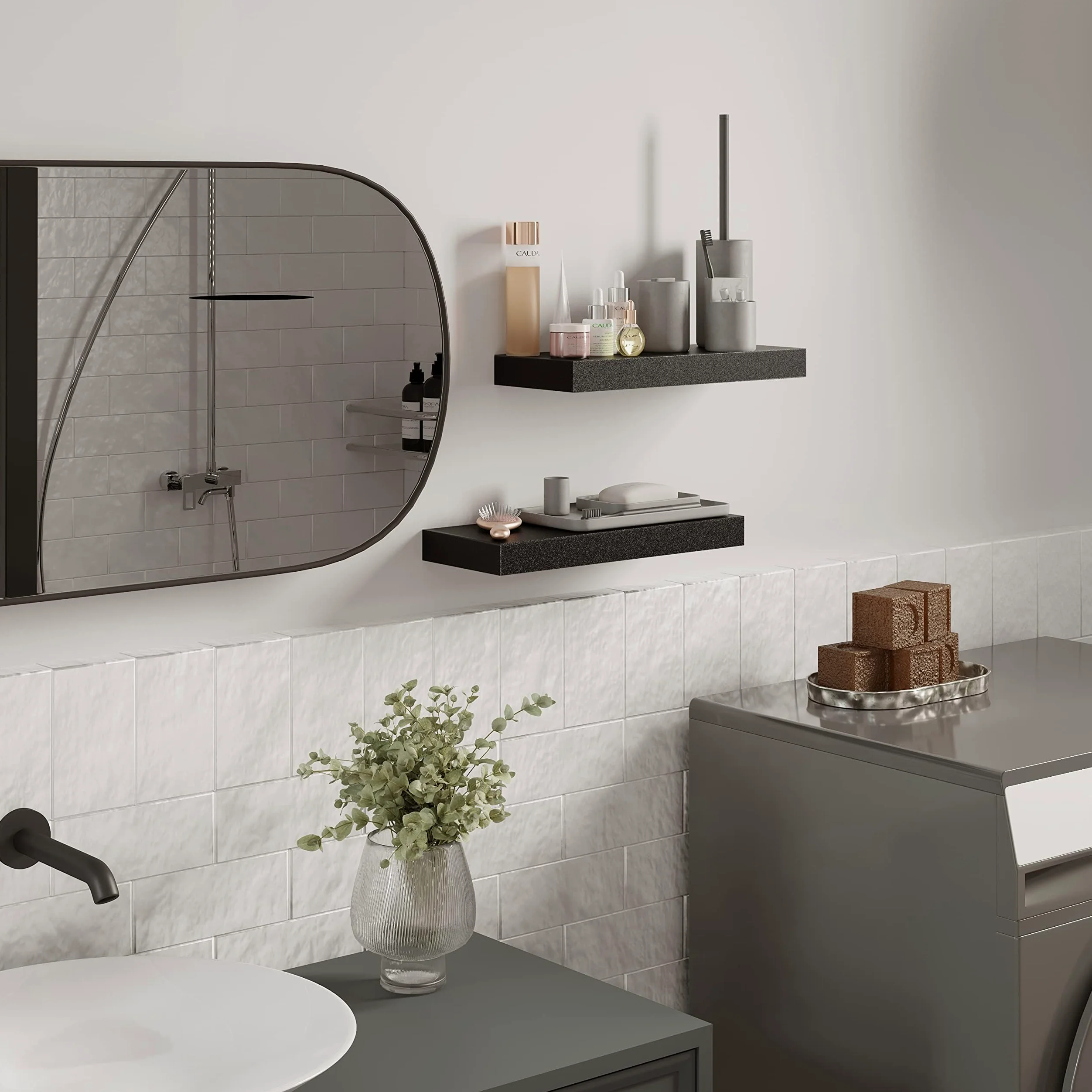 BAMEOS Lot de 2 étagères murales flottantes en Bois Noir avec Supports Invisibles pour Chambre à Coucher, Salle de Bain, Salon et Cuisine