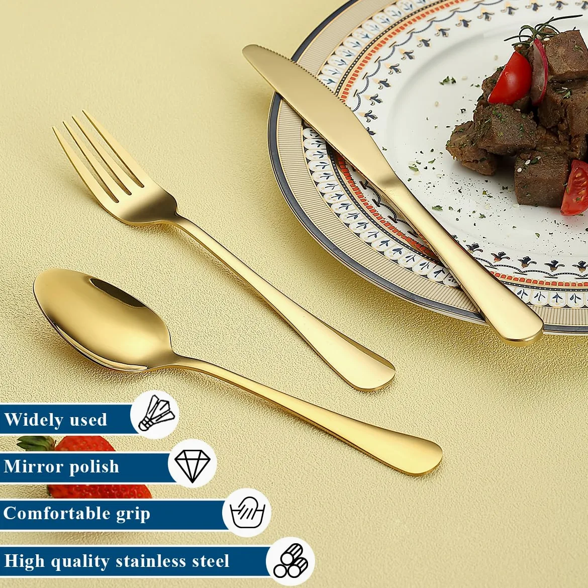 Ensemble de couverts en or 60 pièces Service pour 20, couteaux en acier inoxydable cuillère fourchettes ensemble pour mariage, fêtes, événements, maison, cadeau pour Thanksgiving