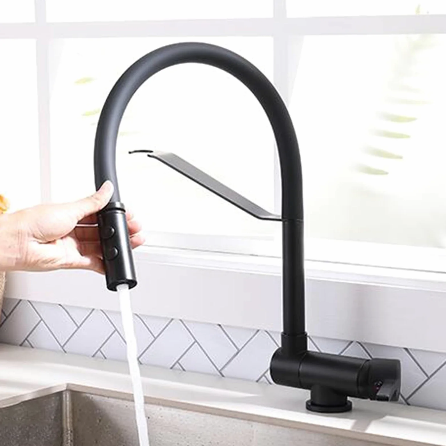 Mitigeur Cuisine Rabattable sous Fenetre, Robinetterie de Cuisine Pliable Pivotant Laiton Multifonction Robinet de Cuisine sous Fenetre-Noir
